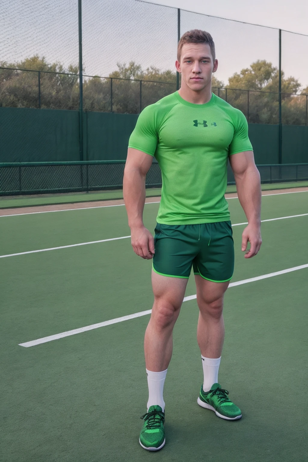 <lora:sc_chase_sd15_epoch_7:0.8>  chaseperson wearing green compression shirt and athletic shorts and socks and sneakers, simple background, metal fence, photoshoot, Under Armour