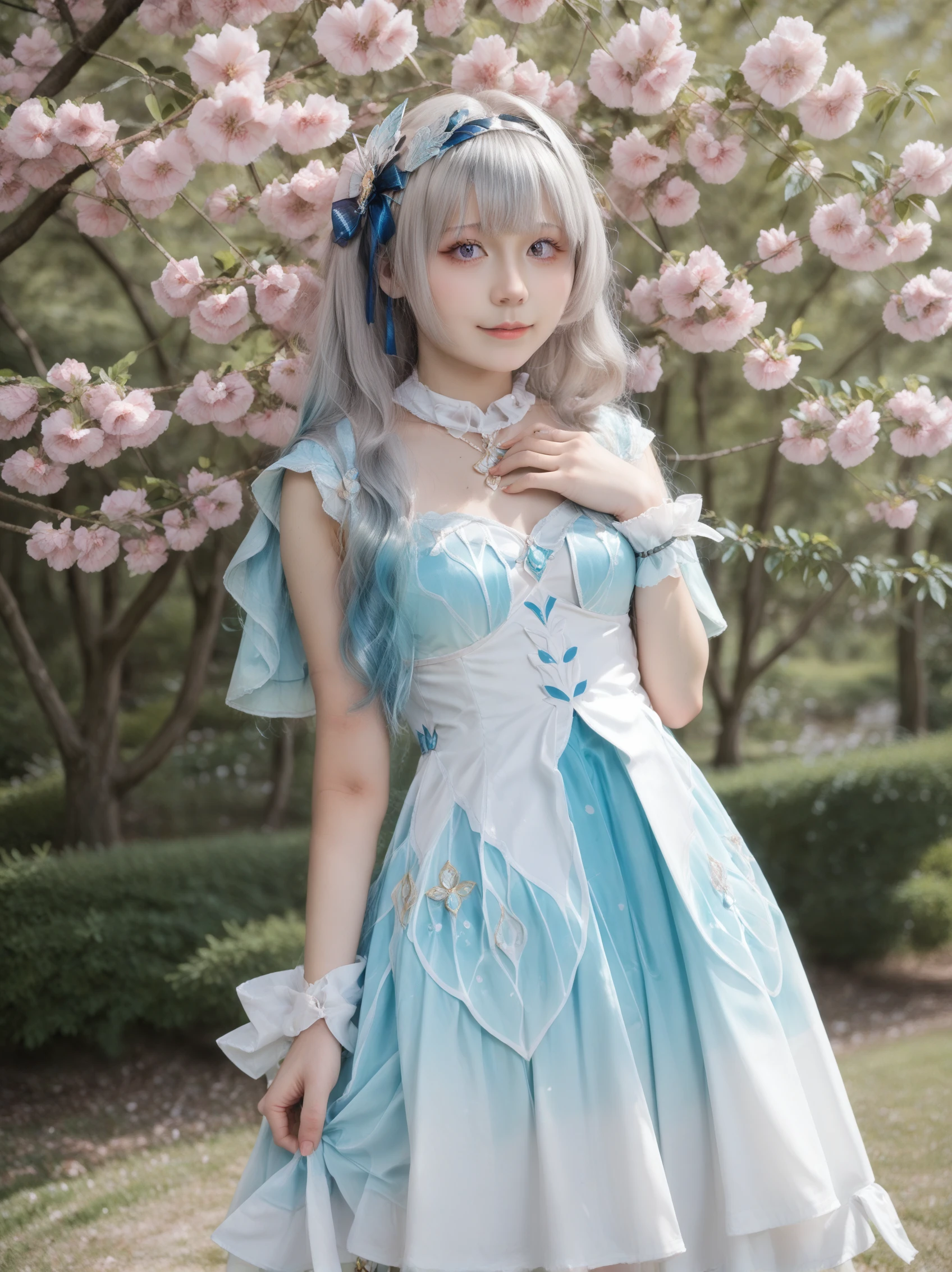 Spread hair on chest, Cute, Absurdres, masterpiece, best quality, 1girl, Gradient hair, Score_8_up, Beautiful decorated gown, <lora:beautiful dress:0.3>, beautifull dress, (Small breasts:1.2), <lora:cosplay-svetlyachok:0.8>, cosplay-svetlyachok, Spread skirt, Hair ornament