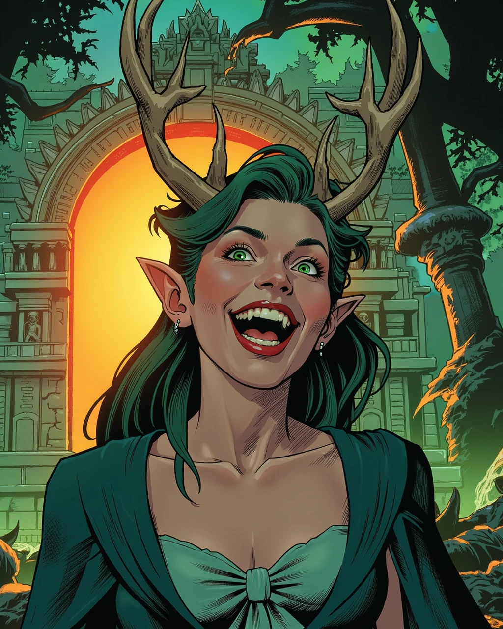A 2d comicbook illustration with clearly recognizable lineart of a elven princess laughing and showing her teeth in a full zoom close-up. She's a young woman with an playful expression portrayed in front of an evil portal that is glowing with an orange light. In the middle of a wild jungle temple. she has two elegant antlers coming from her head. The scene is full of dramatic fights and complex lighting that highlight the main character making her stand out in her joyful expression in the middle of the chaotic scene. The background slowly shift from a focused and sharp illustration to more undefined shapes until it blurs into the white background that surround the whole artwork. The whole drawing is made with green, teal and orange tones with flat colors.