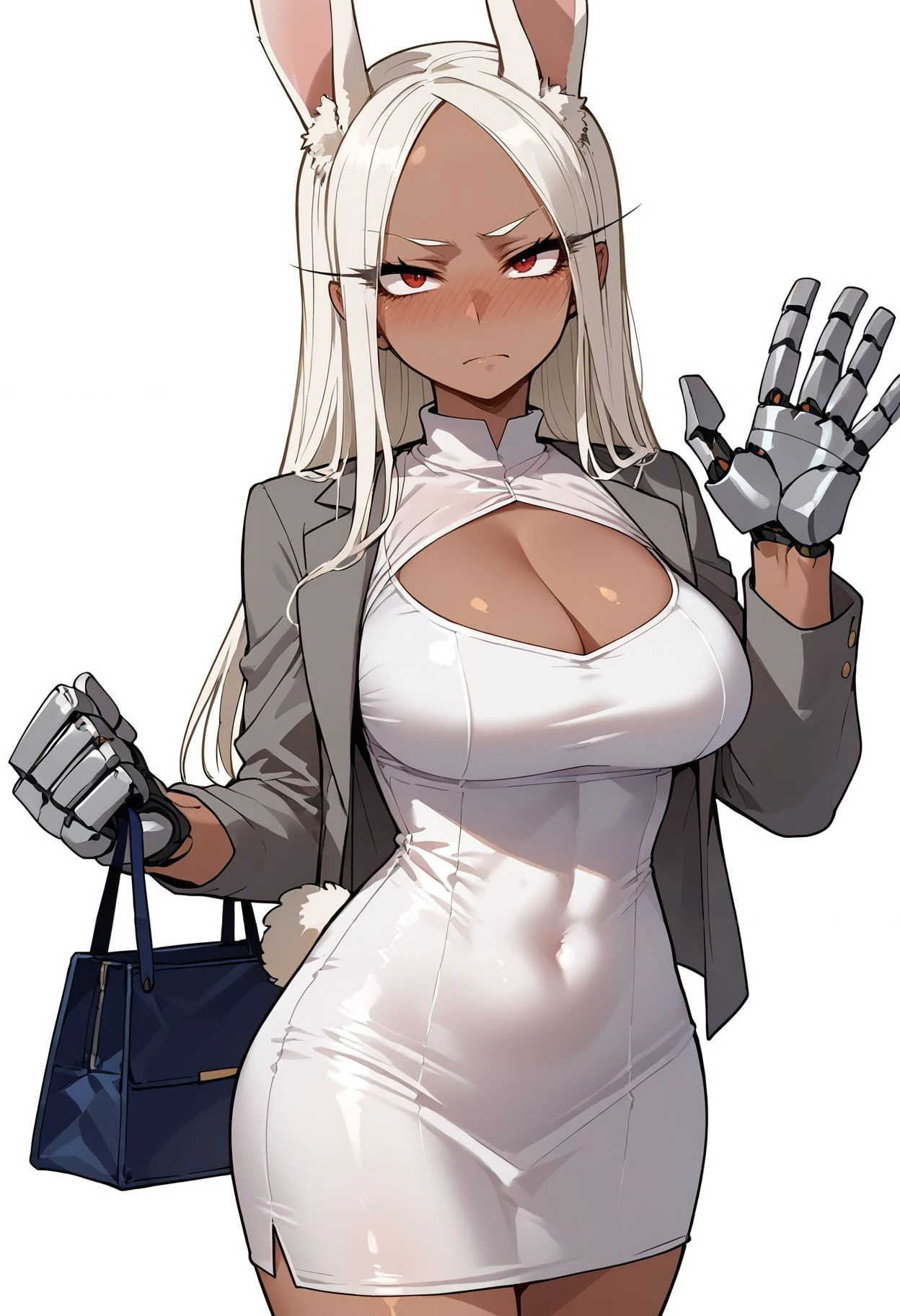 score_9,score_8_up,score_7_up, <lora:ratatatat74_style_pdxl_goofy:1>mirko, 1girl, :/, alternate costume, animal ears, bag,nose blush, breasts, cleavage, clothing cutout, dark-skinned female, dark skin, dongtan dress, dress, grey dress, grey jacket, hand up, holding, holding bag, jacket, large breasts, long eyelashes, long hair, looking at viewer, mechanical hands, meme attire, parted bangs, pencil dress, rabbit ears, rabbit girl, rabbit tail, raised eyebrow, red eyes, simple background, solo, tail, tail through clothes, taut clothes, taut dress, tight clothes, tight dress, white background, white hair