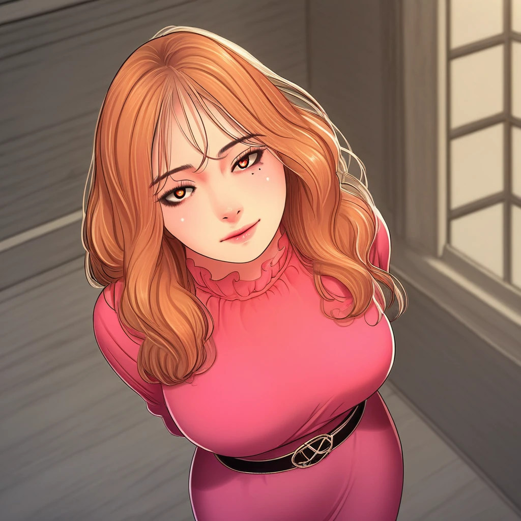 score_9, score_8_up, score_7_up, ASCII masterpiece, source_anime, BREAK, 1girl, solo, (( <lora:yung_eun-kyung:1> , yung_eun-kyung, thin waist, wide hips, beautiful skin, piercing amber eyes, clear eyes, bright pupils, beautiful eyes, beautiful orange hair, beautiful medium bob haircut, bangs, big and shaggy breasts, natural beauty, extraordinary beautiful woman, attractive woman, super sexy woman, lustful body, sexy woman with seductive obscene body, sensual body, voluptuous body, sexy beauty, no piercings, no piercing, (1mole under left eye, ) , )) , ((beautiful pink dress with black lace upper part and black belt, )) , indoors, shiny clothes, shiny skin, night club, erotic bar, classy decorations, cowboy shot, from above, looking at viewer, hands behind back, (detailed face, detailed eyes), delicate features, soft lighting, seducative smile, cute and sexy, very detailed, high detailed texture, uncensored, rare view, makeup,