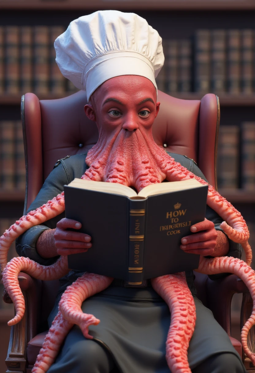 A Chef Octopus, DOWN ANGLE SHOT, (setting ON CHAIR in the library, reading a book with a title in gold color  "HOW TO COOK"   ) , full body shot, his eyes looking at the viewers, realistic hyper-detailed, masterpiece,best quality, intricate details  . choctoefpus <lora:FLUX_ChOctoefpus_LoRA-000011:1>