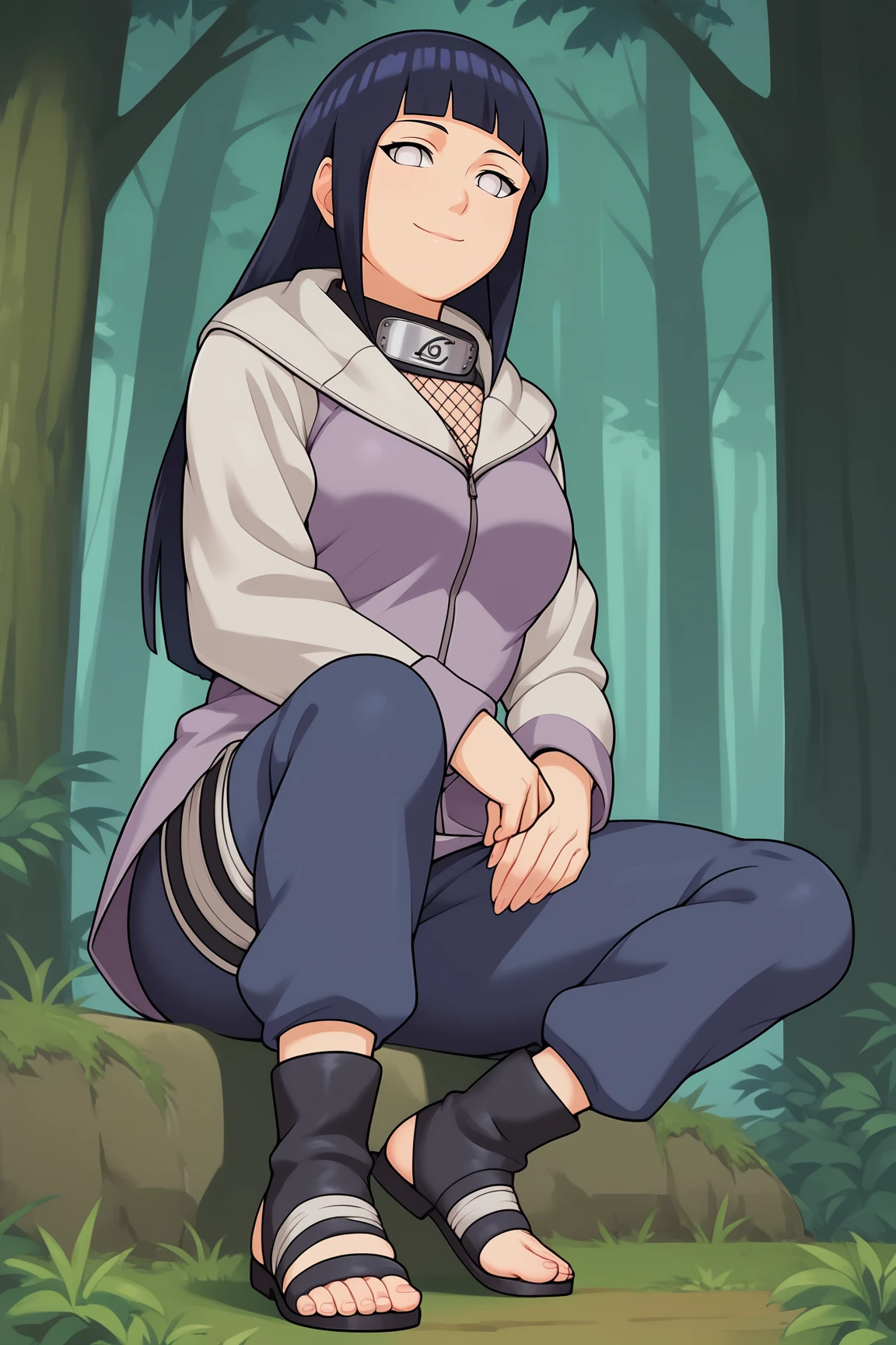 score_9, score_8_up, score_7_up, score_6_up, BREAK, HinataHyugaNXL, no pupils, white eyes, black hair, long hair, blunt bangs, mediun breasts, forehead protector, fishnets, purple jacket, long sleeves, blue pants, black footwear, toeless footwear, solo, full body, sitting, bellow view, seductive smile, looking at viewer, forest <lora:HinataHyugaNXL:1>