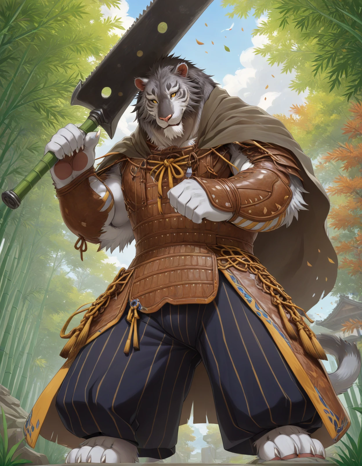 yinhu,  tiger, by takemoto arashi, by null-ghost, kemono, solo, anthro, male, mane hair, beard, holding broadsword, weapon on shoulder, low-angle view, (looking down:1.3), yellow eyes, cape, armor, tassets, striped pants, trees, falling leaves, bamboo, east asian building, 
<lora:BlackMythYinHu_seaart-1.0.12:1>