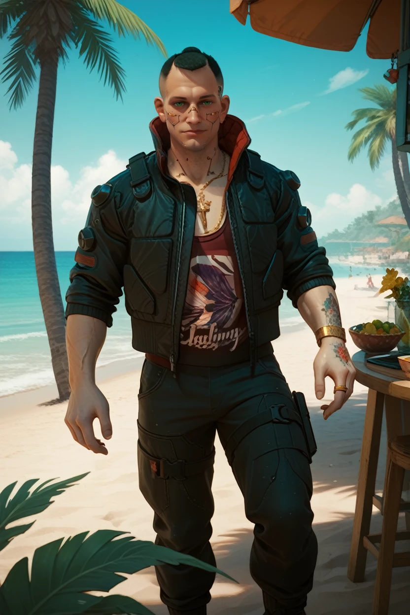 score_9, score_8_up, score_7_up, score_6_up
<lora:CyberJackie:1.0>
CyberJackie, 1boy, black hair, undercut, green eyes, muscular, tattoos, cyberpunk, looking at viewer, full-body portrait, male model wearing a beach hat, standing under a palm tree, turquoise water in the background, serene expression, sun rays filtering through leaves