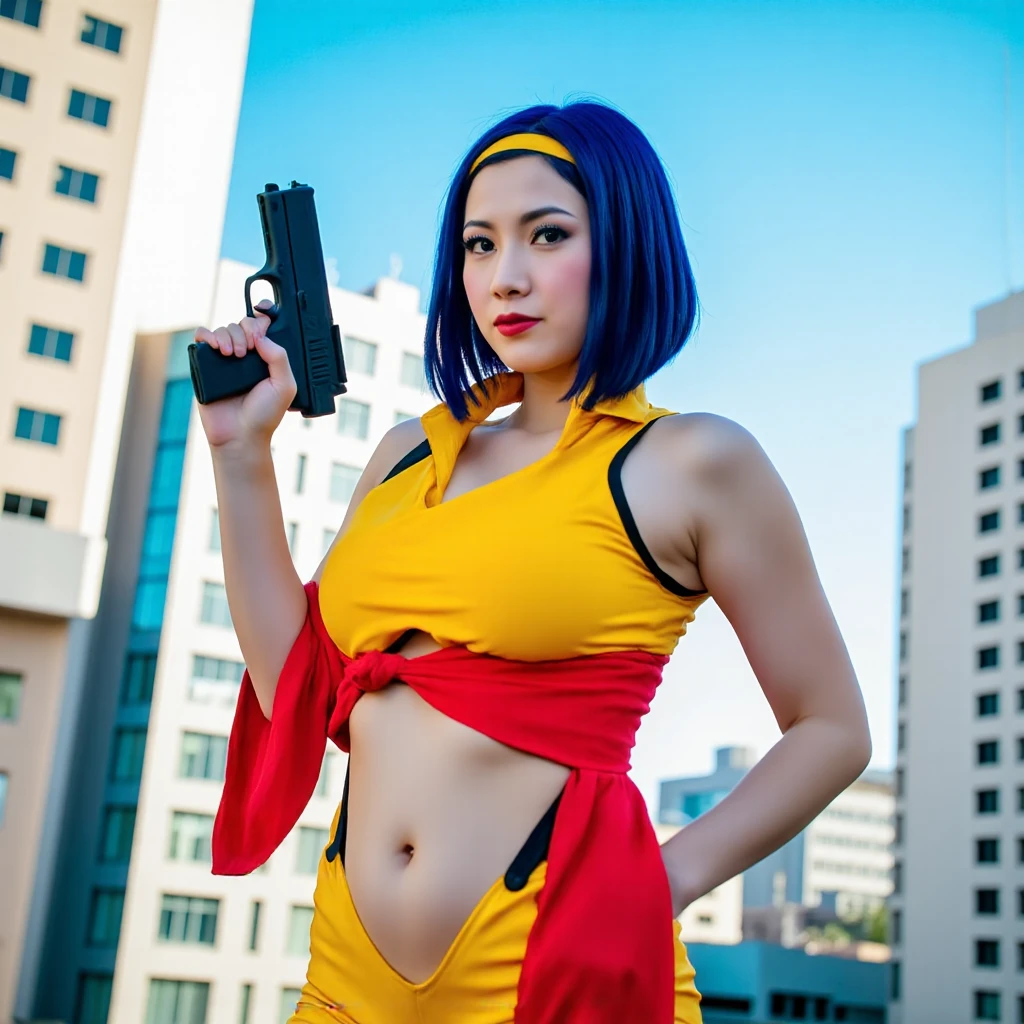 fayev a woman in a yellow and red outfit holding a gun, standing in front of a backdrop of buildings and a clear blue sky. She appears to be a cosplayer from the popular anime series Kill la Kill, as evidenced by her outfit and the gun she is holding, professional, 4k, highly detailed, realistic skin,