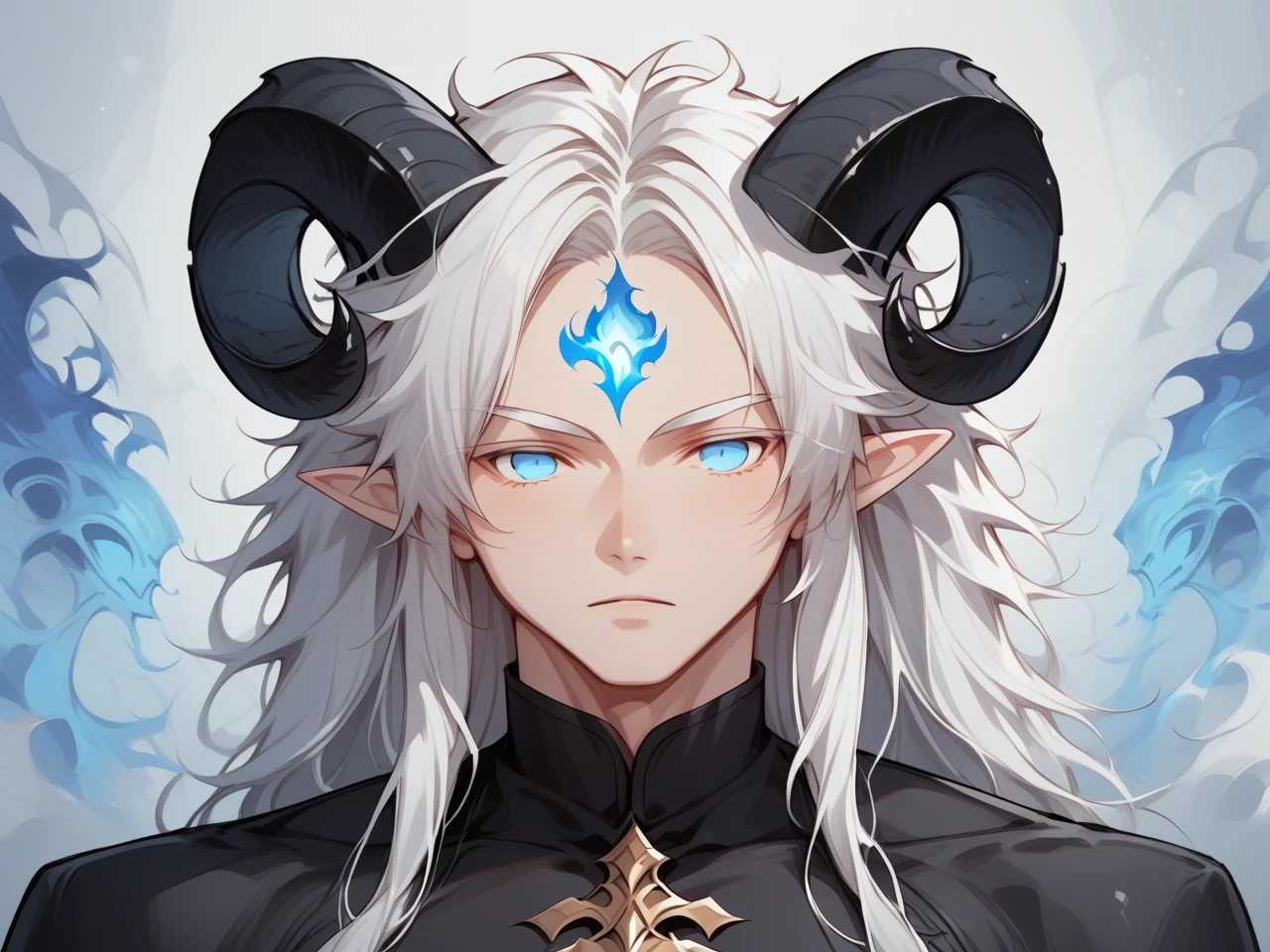 an art drawing of an anime style man, 1boy, male focus, solo, blue eyes, white hair, (two horns, black horns, goat horns, horns on the side of the head), upper body, forehead fire_marking, no pupils, semi-realism, nose, pointy ears, pale skin, eldritch clothing