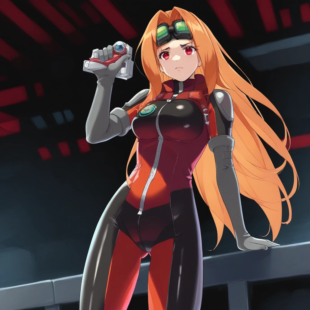 1girl, red eyes, orange hair, long hair, bodysuit, zipper, gloves, goggles, goggles on head,