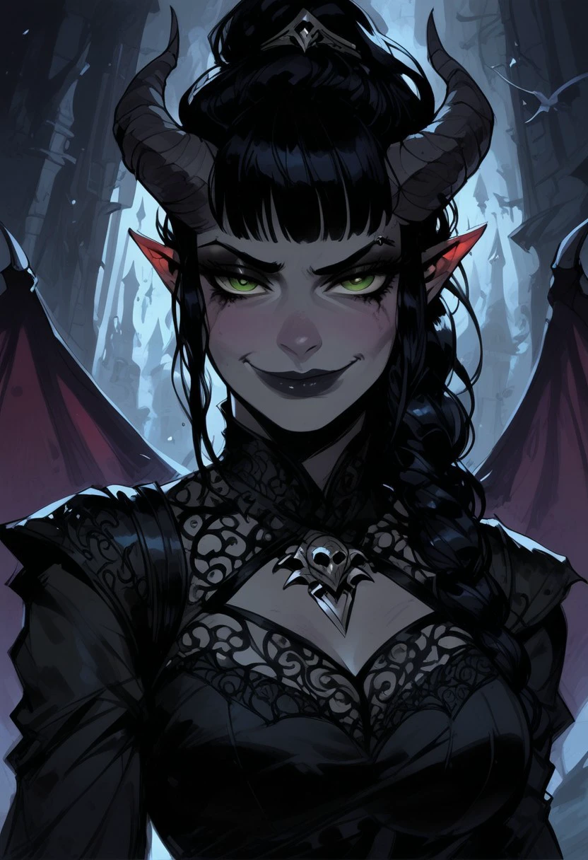 score_9, score_8_up, score_7_up, BREAK, 1woman portrait, beautiful, dramatic lights ((Succubus, Demon Girl, Succub, horns, seductive, seductive look, goth, goth girl, goth makeup, green eyes, wings, bat wings grey skin, grey colored skin, black hair, long braided ponytail, bangs, side bangs, happy, smug))
<lora:Fant5yP0ny:0.6> <lora:fantasy_world_pony:0.9>
<lora:Cherry-Gig:0.55>