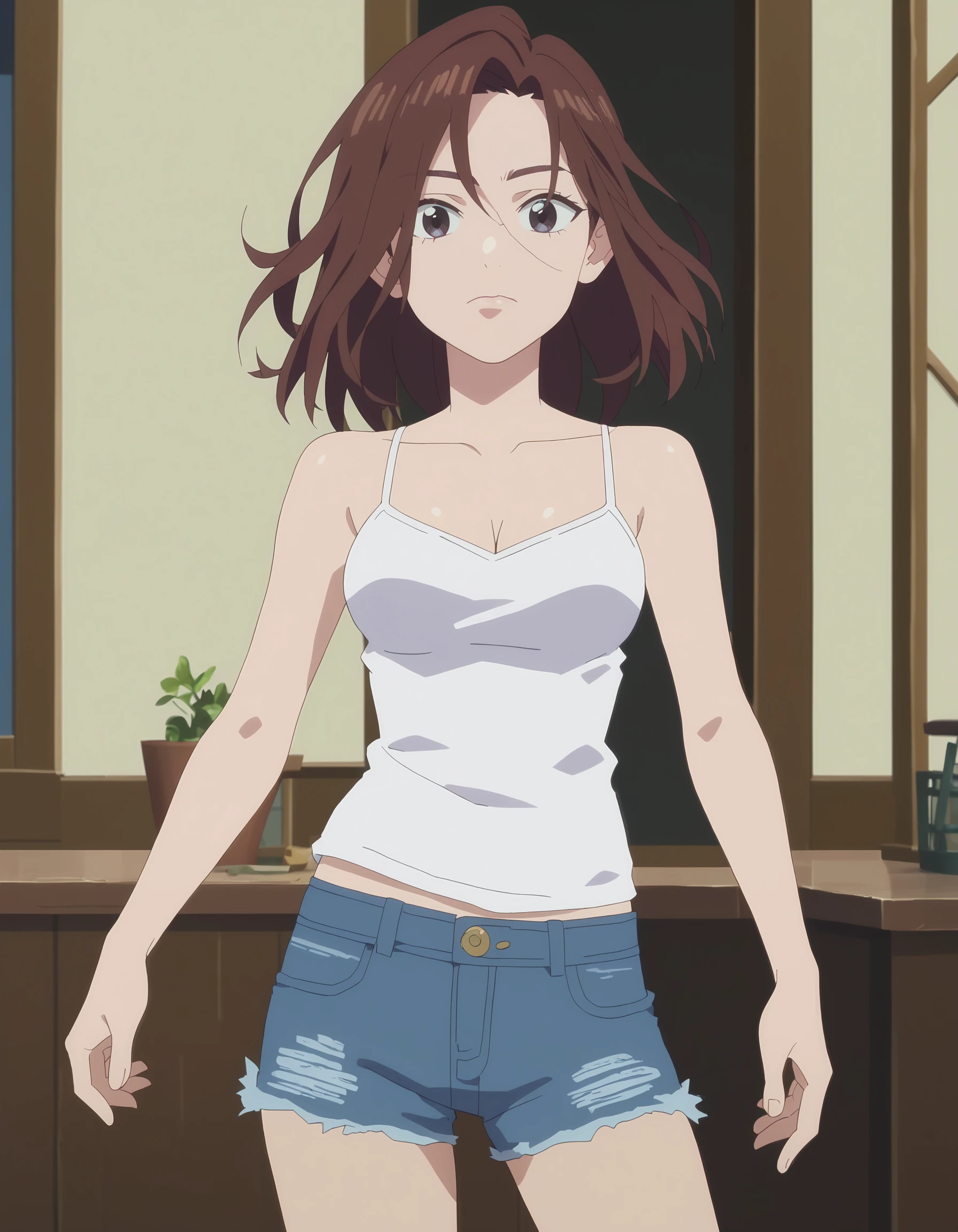 score_9, score_8_up, score_7_up, anime screencap
BREAK 1girl, solo, medium breasts, <lora:Camisole1XL-v1-03:1>, white camisole, cleavage, denim shorts, cowboy shot