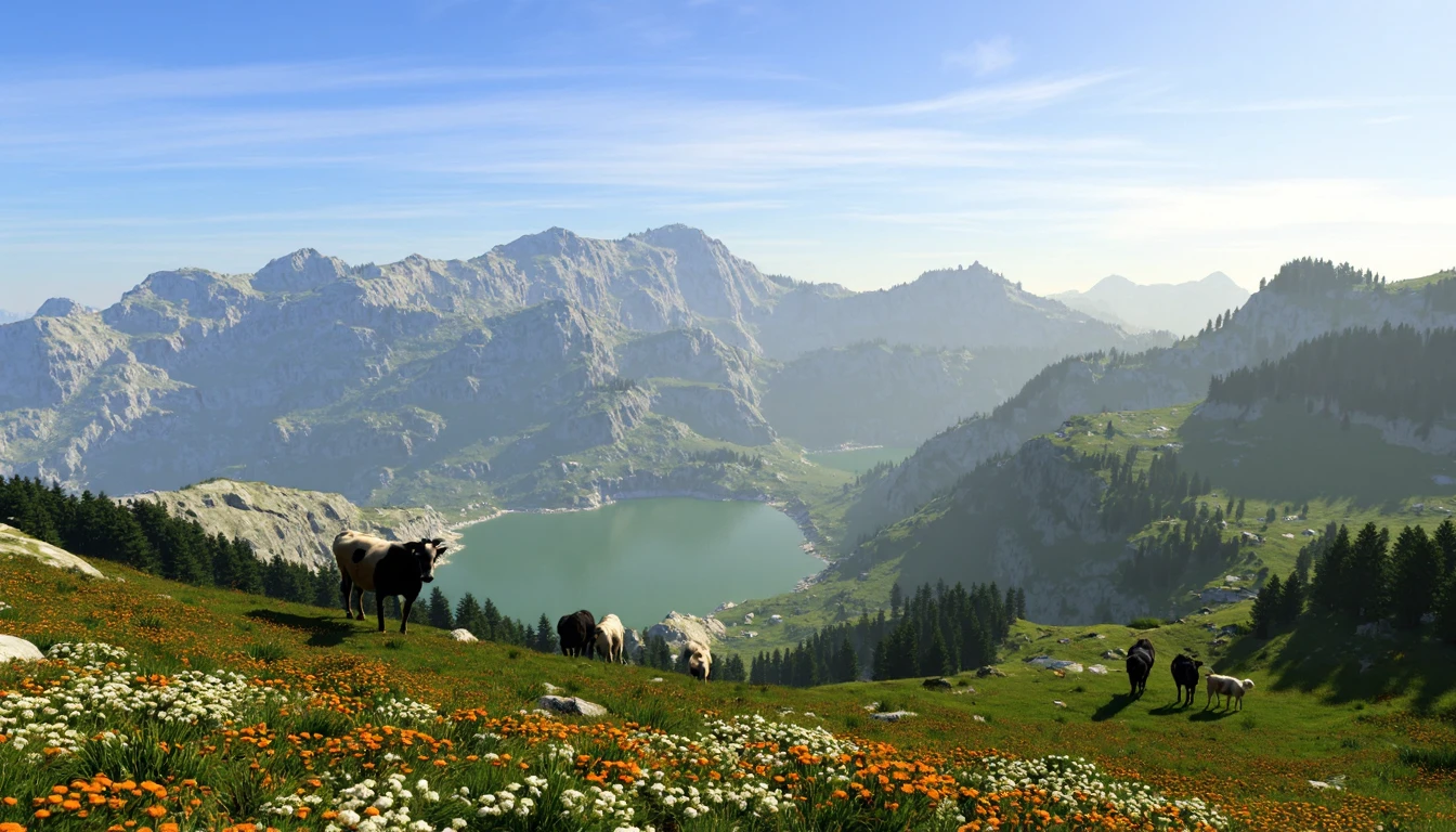 TRGN,3D, small mountain village with cows on the meadows and colorful flowers