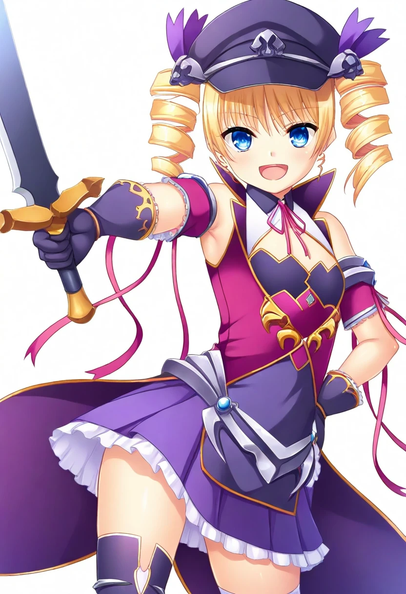 1girl, karin, blonde hair, blue eyes, drill hair, flat chest, short hair, twintails, cowboy shot, smile, weapon, holding, sleeveless, solo, holding weapon, hat, zettai ryouiki, armpits, standing, black headwear, sleeveless dress, black gloves, looking at viewer, simple background, bare shoulders, gloves, :d, dress, thighhighs, open mouth, holding sword, hand on own hip, outstretched arm, sword, white background, black thighhigh, best quality, amazing quality, very aesthetic, absurdres, <lora:char-karin>