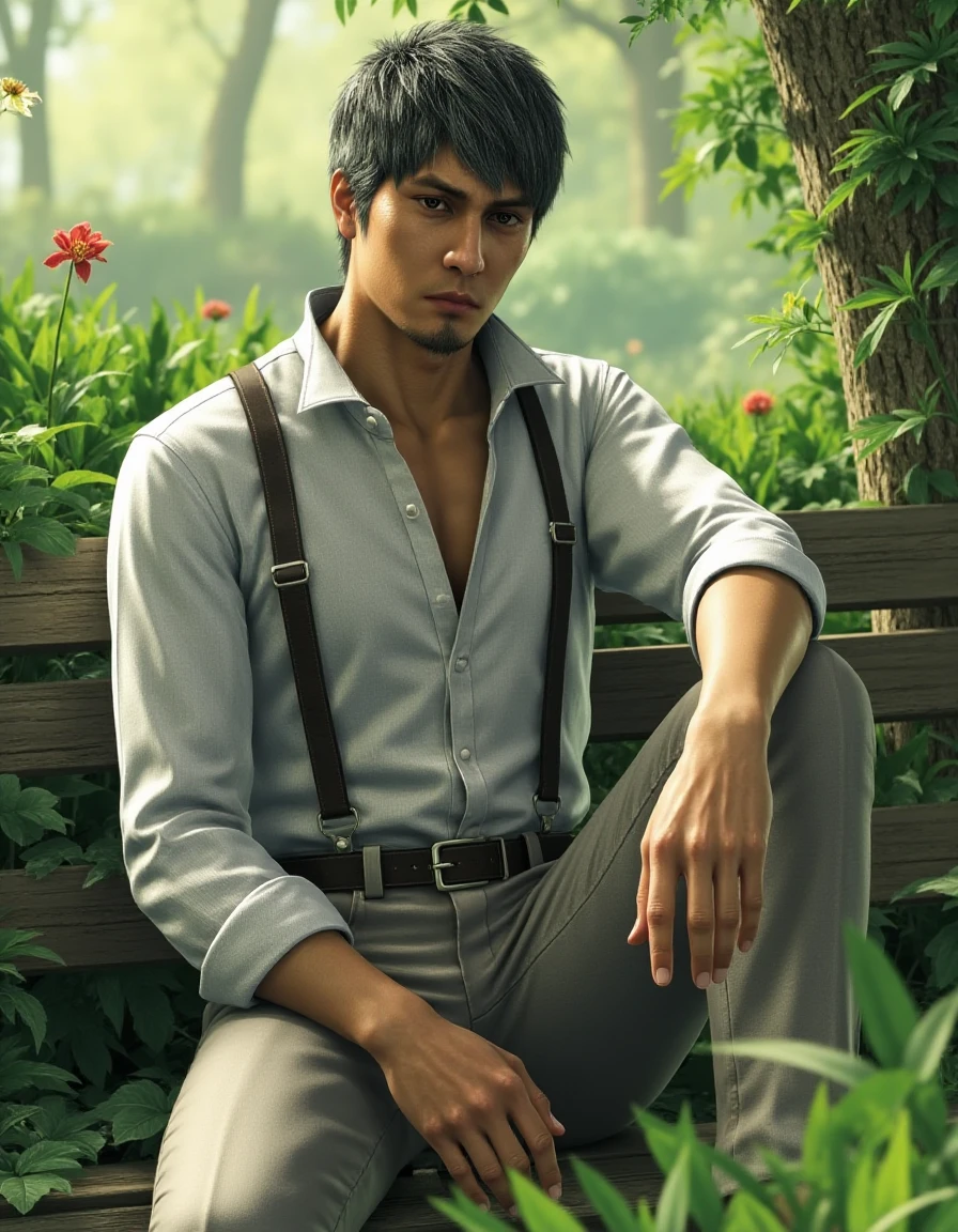 <lora:Kazuma_Kiryu_IW:0.8> Kazuma Kiryu in a casual, bohemian outfit, sitting on a wooden bench in a peaceful garden, surrounded by lush greenery and soft sunlight.