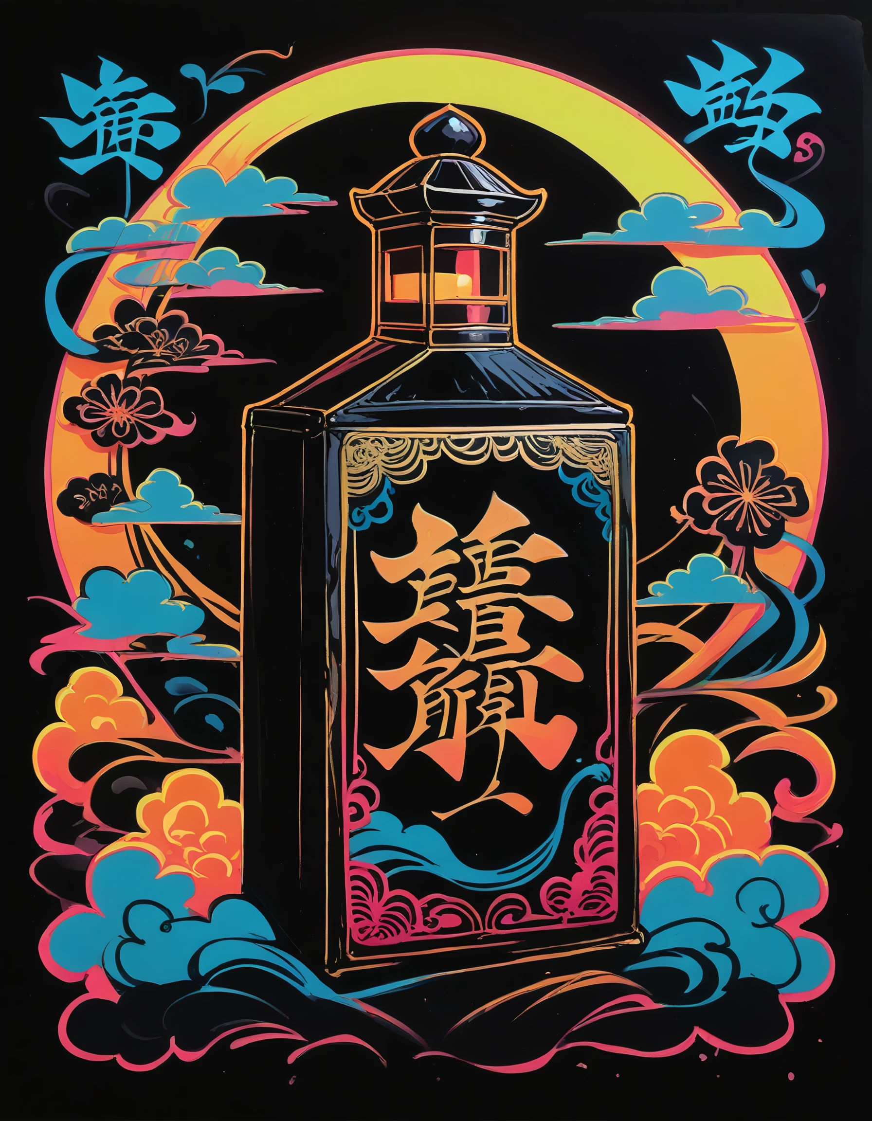 (score_9, score_8_up, score_7_up),neon graffiti,black background, album cover of a japanese sake bottle