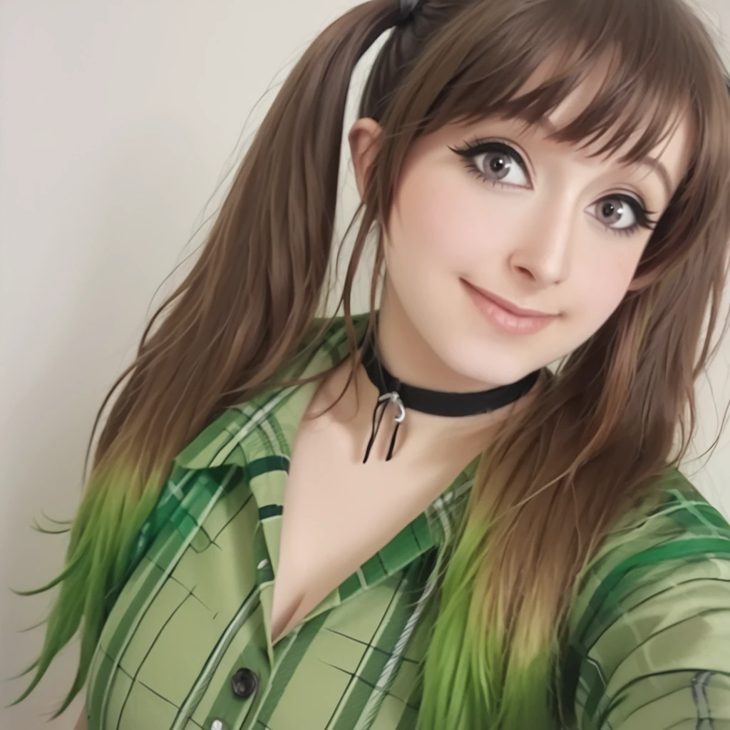 <lora:Pony_Goosaphone:1>, g00saph0n3, 1girl, solo, breasts, brown hair, smile, shirt, twintails, choker, large breasts, multicolored hair, plaid, plaid shirt, long hair, green hair, realistic, gradient hair, portrait