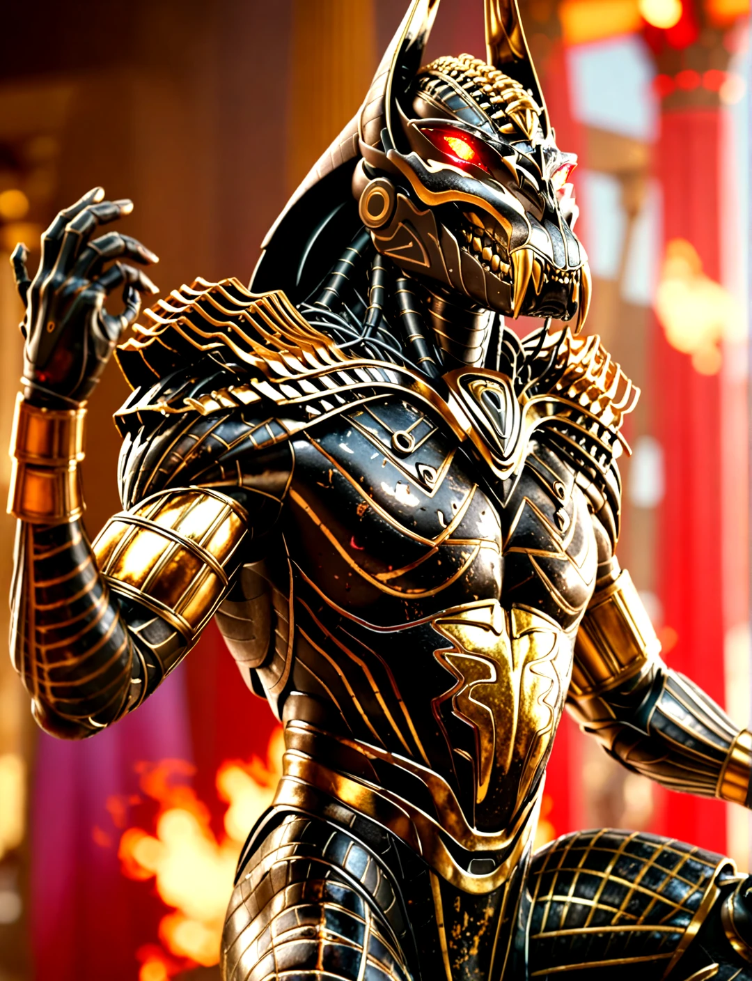 score_9, score_8_up, score_7_up,
<lora:Set_(Gods_of_Egypt)_(SDXL)_(AD):1> Set, Gods of Egypt, muscular, robot, mecha, sleek metal body, glowing red eyes, enhanced body,
8K, In'ei, perfect depth of field, chiaroscuro, volumetric lighting, clear_eyes, crisp details, cinematic lighting, cinematic masterpiece,
dynamic action pose, detailed background, photographic realism, masterclass 8K Uneal 5 CGI render, evil, villain, fight, damaged temple, golden light, deep vivid vibrant color, perfect proportions, perfect hands,
BREAK zPDXL,