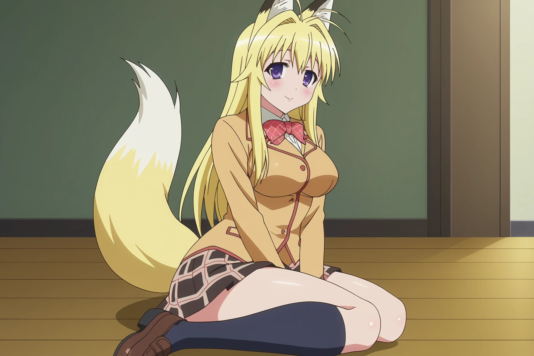 score_9, score_8_up, score_7_up, source anime, prefect lighting, very aesthetic, BREAK, anime coloring, anime screencap,
 <lora:minamoto_chizuru_v1-pdv6:1>, 1girl, minamoto chizuru, kanokon, purple eyes, fox ears, fox tail, blonde hair, long hair, large breasts,
school uniform, long sleeves, bow, plaid skirt, kneehighs,
BREAK, light smile, blush, looking at viewer, 
BREAK,