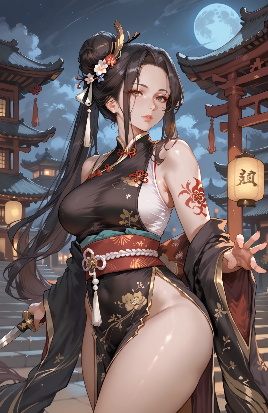 NSFW, obra-prima, melhor qualidade, ultra-detalhado, semi-realista, detailedfacialfeatures, 2 mulheres maduross,usando roupa toda negra antiga wuxia,cabelos compridos brancos,olhos escuros,Seita Marcial Elder Battalion Estilo Roupas Femininas, seios grandes,olhar arrogante mulher madura sensual,Bonito,standing in a provocative position holding a sharp-bladed long sword.