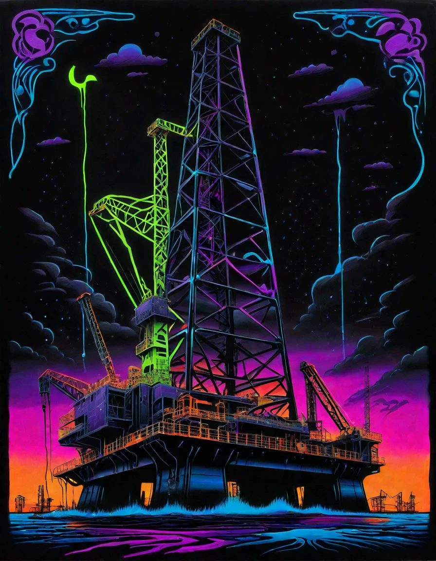 black background, blacklight painting,flat lighting, flat colors,((album cover of a surreal oil rig with neon graffiti)),   <lora:Black_Neon_Graffiti_r1:1>