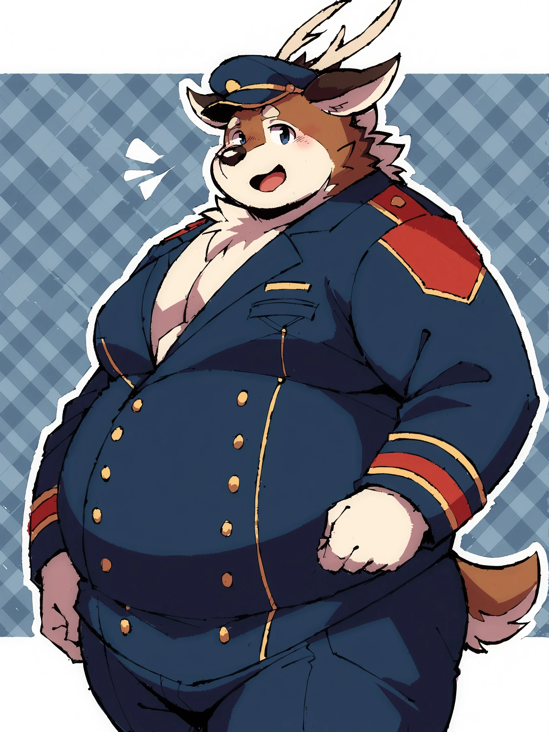 score_9, score_8up, score_7up, score_6up, score_5up, score_4up, BREAK
abstract background, BREAK
solo, male, k@suz@, deer, furry, anthro, fat, overweight, antlers, military uniform, hat, big moobs, BREAK
source_furry, rating_safe, BREAK
<lora:Kasuza_-_Tamacolle_-_PDXL:1>