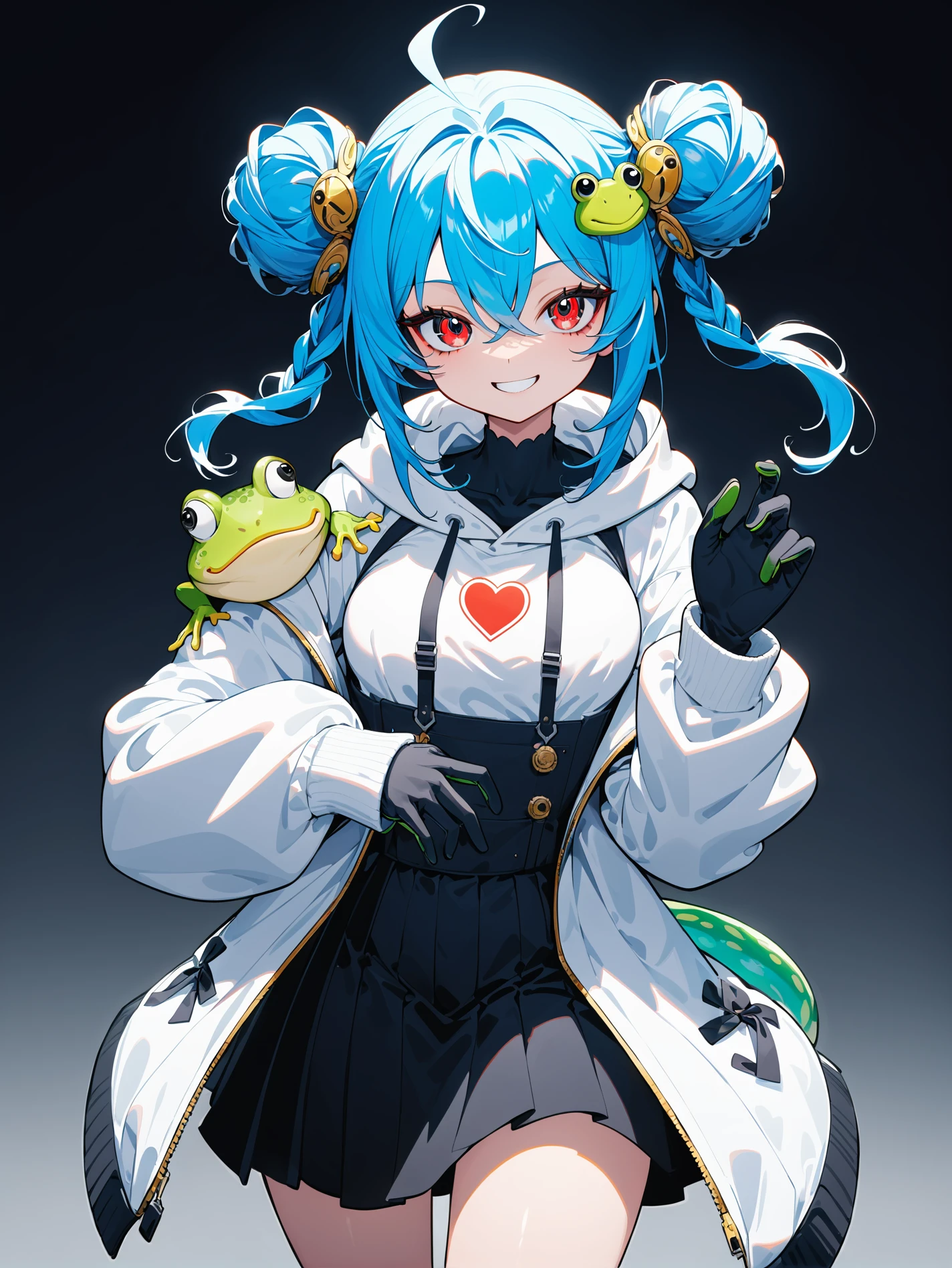 detailed,ultra-detailed,masterpiece,newest,absurdres,safe,best quality,(dramatic angle:1.3),(dynamic angle:1.3),
Cinematic Lighting,Illustration,Volumetric Lighting,, 1girl, static pose, blue hair, double bun, monster girl, ahoge, white background, open mouth, gloves, red eyes, solo, simple background, hood, tentacles, extra eyes, black gloves, hair ornament, smile, frog, looking at viewer, jacket, black skirt, black eyes, long sleeves, skirt, frog hair ornament, hair between eyes, holding, hoodie,a digital drawing in an anime style, featuring a young woman with a playful expression, she has large, expressive red eyes and long, blue hair styled in a voluminous updo with a few strands framing her face, her skin is fair, and she wears a yellow and white jacket with black accents, which is open at the chest, revealing a white shirt underneath, her jacket has a high collar and long sleeves, with black laces running down the front, she is holding a small, green frog with a mischievous grin, perched on her shoulder, the frog's body is covered in black fur, and its tail is long and thin, with a black tip, the background is plain white, ensuring that the focus remains on the character, the drawing is executed with smooth, clean lines and vibrant colors, typical of modern digital art, the overall mood of playful and whimsical, with the character's playful demeanor and the frog adding a touch of whimsy