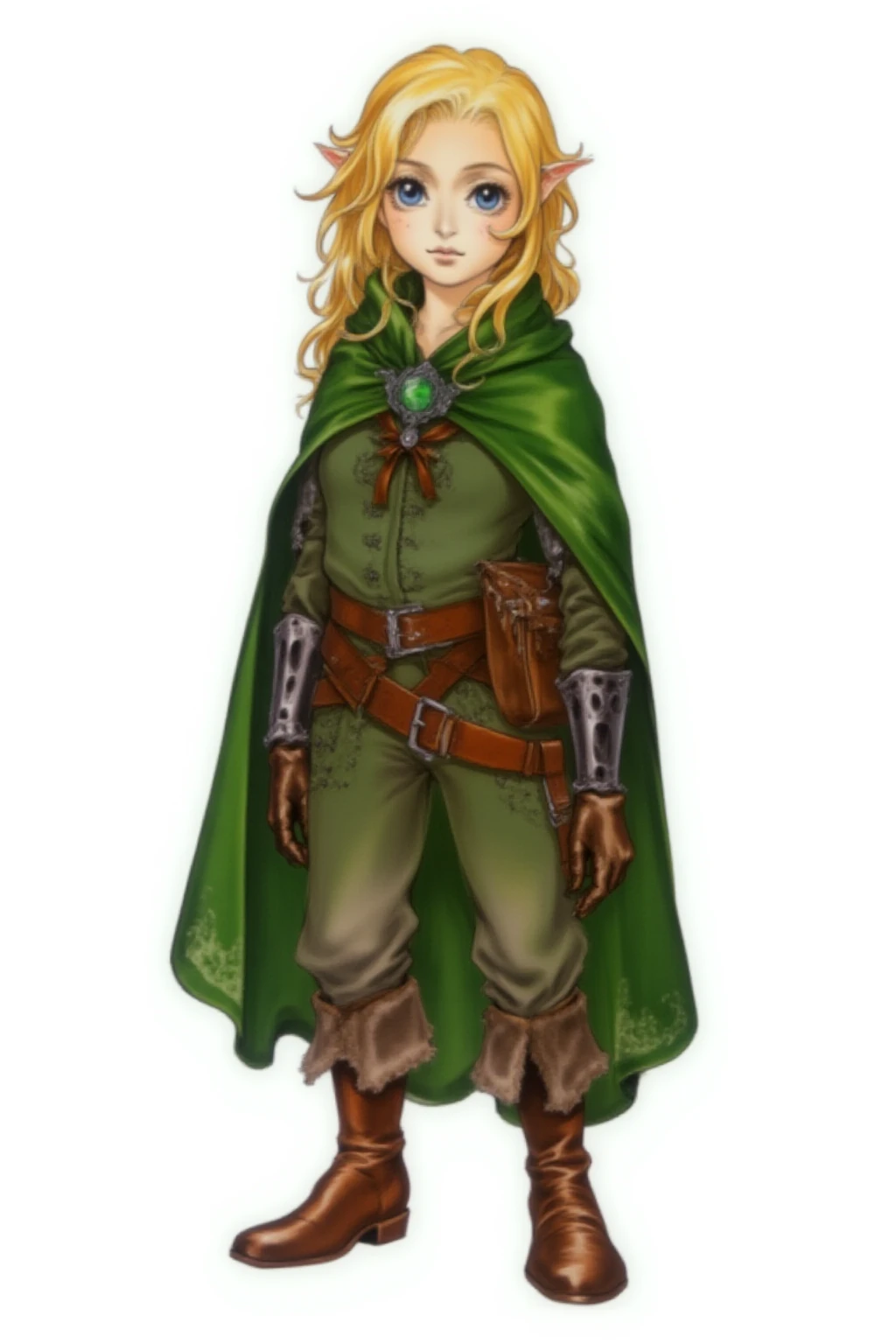 full body medieval fantasy character of a female, 1girl, young, kid, teenage,  simple background, white background,  The character has large, expressive blue eyes, bushy black eyebrows,  and the blonde hair is styled in a wild fashion,   The skin tone is light, with a few freckles,  a female halfling Ranger, she wears a green cloak draped over her shoulders,  The cloak is adorned with a prominent green gem at the center.  she is dressed in a green tunic and matching trousers, both intricately designed with leather straps and metal studs, giving a rugged and protective appearance,   she wears brown leather boots that reach mid-calf and are laced with sturdy leather straps,  A belt and a small pouch hangs from her waist,  A leather satchel is attached to her belt,  and fur-trimmed leather leggings under mail armor,