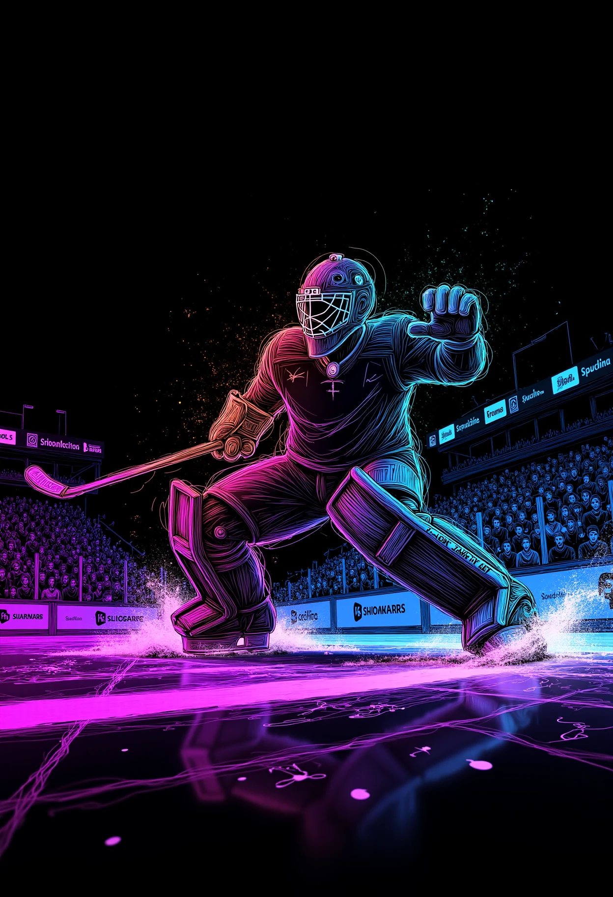 neon line art, black background, drawing. full canvas,The agile hockey goalie springs into action extending their lightning-quick leg to make a sensational save and expertly deny the opposing team a goal realistic, arena with crowd, real, cinematic atmosphere, volumetric light, intricate, dynamic perspective, 32k, insanely detailed