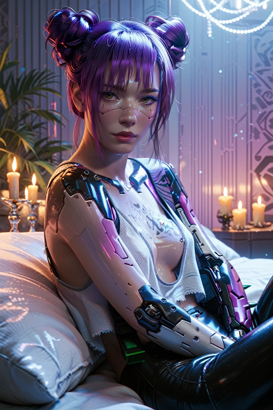 score_9, score_8_up, score_7_up, score_6_up
<lora:CyberRitaMoxBouncer:0.8>
CyberRitaMoxBouncer, 1girl, purple hair, hair buns, tattoo, cyberpunk, looking at viewer, reclining on a plush bed, satin sheets, dimly lit room with candles, soft shadows on the walls, intimate and luxurious setting