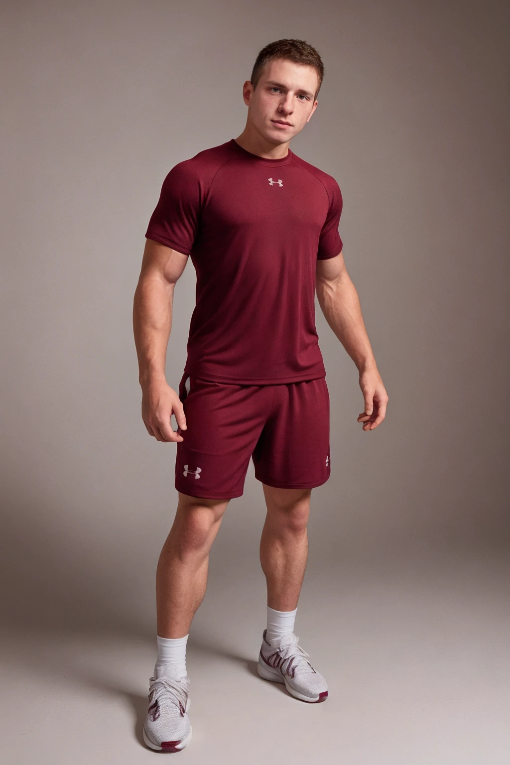 dynamic pose, <lora:sc_curtis_sd15_epoch_7:0.8> caucasian male crtsperson, wearing Maroon compression shirt and shorts and sneakers, white background, Under Armour, posing against a simple background, photoshoot, soft directional lighting