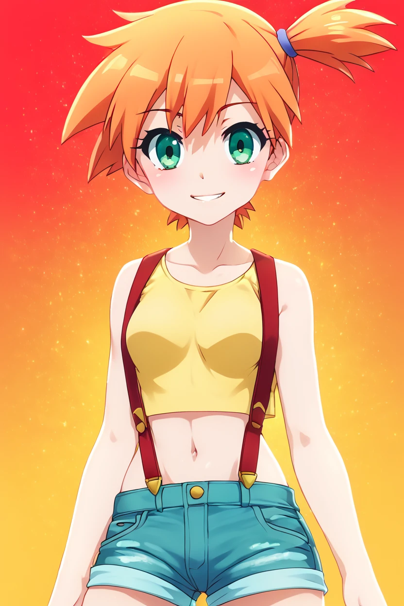 score_9, score_8_up, score_8, medium breasts, (curvy), cute, eyelashes,       BREAK, , zzMisty, green eyes, orange hair, short hair, side ponytail, shorts, suspenders, midriff, yellow crop top, navel, denim shorts, <lora:Misty_Pokemon_PDXL_v2:0.8>, , BREAK, (warm colors), smile, looking at viewer, cowboy shot, embedding:zPDXL, Expressiveh, <lora:PrismaIllya_PDXL_v3:1.0>,  <lora:SDXLFaeTastic2400:0.5>,  <lora:Expressive_H-000001:0.4>,