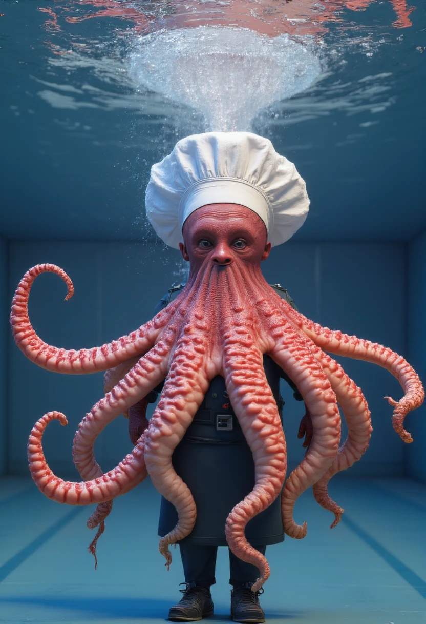 A Chef Octopus, ( fullbody portrait , back view, dynamic, tan lines, ass focus, underwater, grinding,  view from below, tiles, college indoor pool, lower body portrait, only lower body submerged, partially underwater shot, swimming, bubbles,indoor, ceiling, dynamic, pov ) ,  realistic hyper-detailed, masterpiece,best quality, intricate details  . choctoefpus <lora:FLUX_ChOctoefpus_LoRA-000011:1>