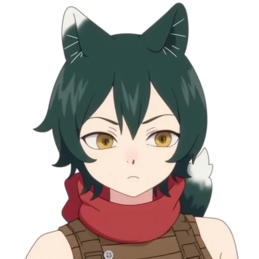 digital drawing in an anime style. The subject is izutsumi a catgirl from Dungeon Meshi series a young person with a mix of human and animal features, specifically a fox. They have short, dark green hair with a few lighter green tips, and prominent, pointed fox ears on top of their head. Their skin is a light tan color, and they have a small, fluffy tail.