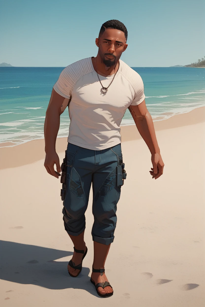 score_9, score_8_up, score_7_up, score_6_up
<lora:CyberReed:1.0>
CyberReed, 1boy, black hair, brown eyes, dark skin, facial hair, mechanical parts, looking at viewer, male model in a casual beach outfit, walking along the shore, footprints in the sand, carrying sandals, ocean waves gently touching his feet, relaxed mood