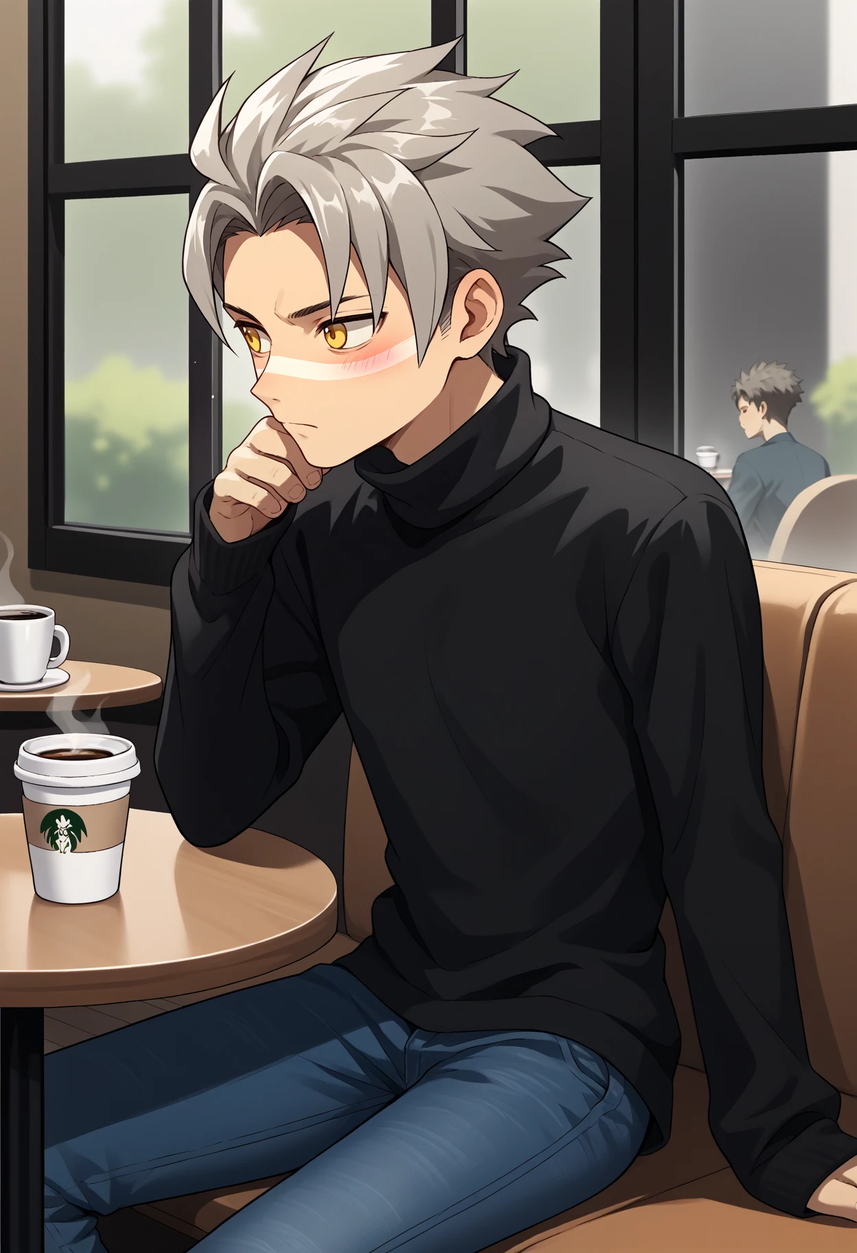 score_9, score_7_up, source_anime, 1boy, solo, sitting, blush, looking to the side, <lora:WesPKMN-pdxl:1> w3s, spiky hair, grey hair, yellow eyes, facial mark, black sweater, jeans, coffee cup, cafe