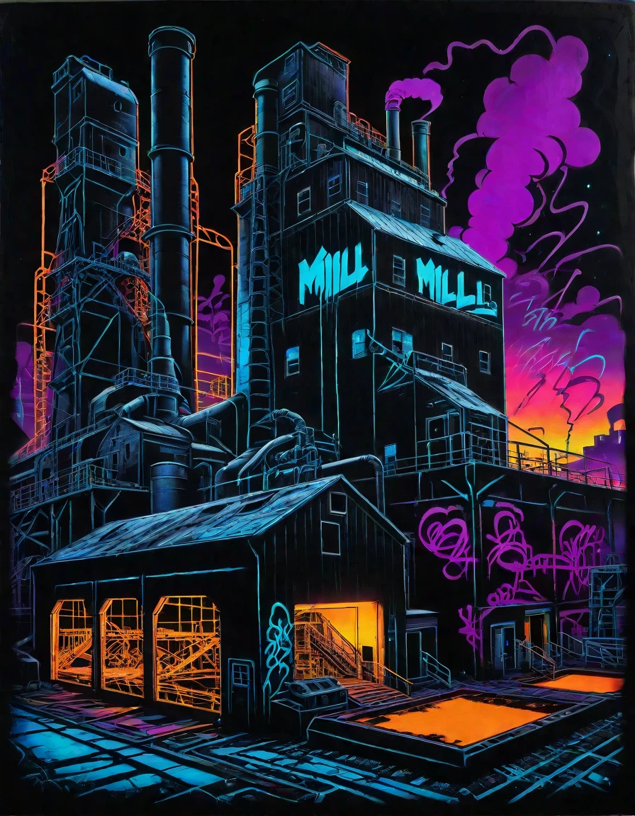 black background, blacklight painting,flat lighting, flat colors,((album cover of a surreal industrial mill with neon graffiti)),   <lora:Black_Neon_Graffiti_r1:1>