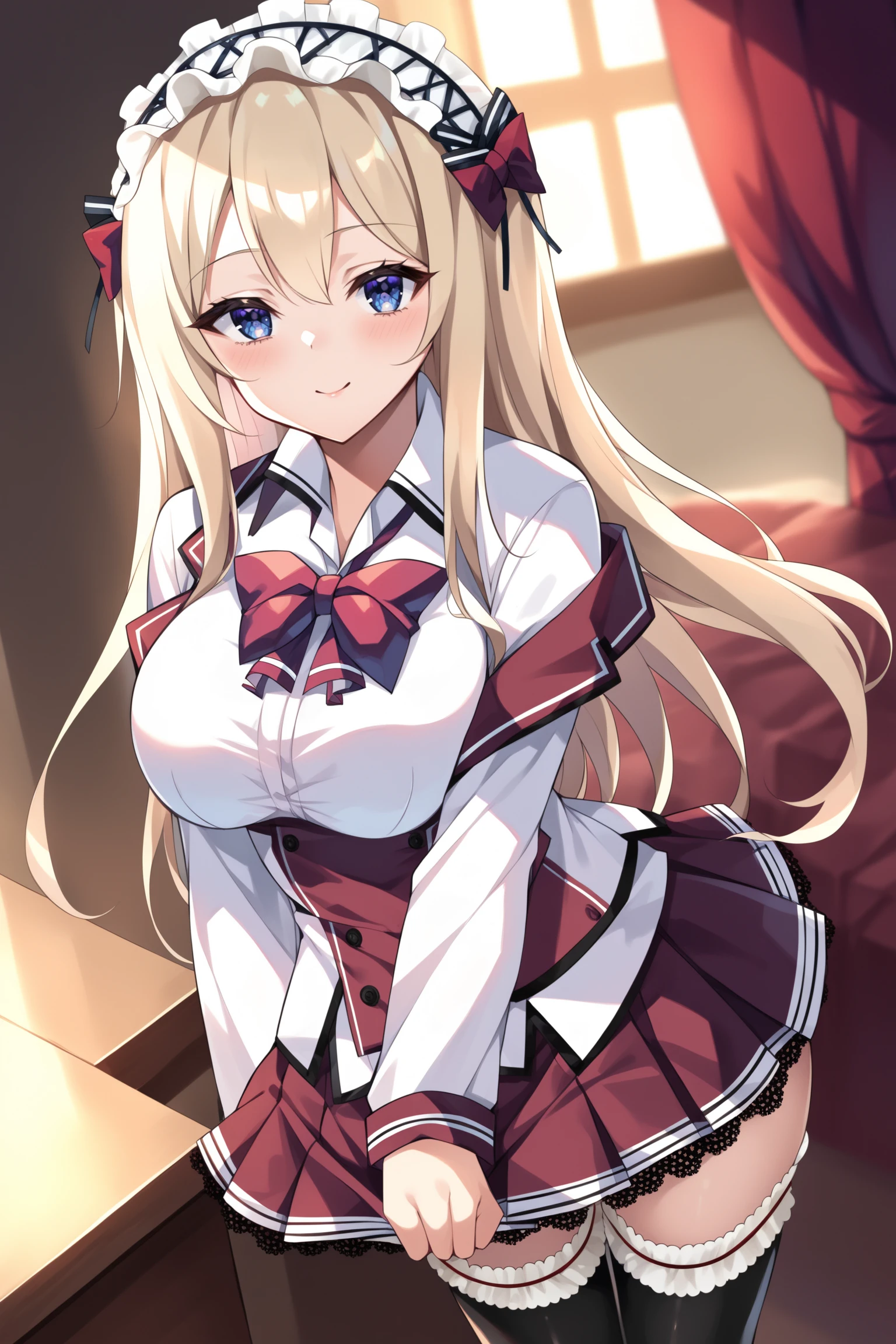 absurdres, high res, ultrasharp, 8K, {masterpiece}, expressive eyes, best quality, perfect face, 1 girl, solo, honami ichinose, long hair, blonde hair, (purple eyes:1.1), hair between eyes, bedroom, lingerie, sitting,