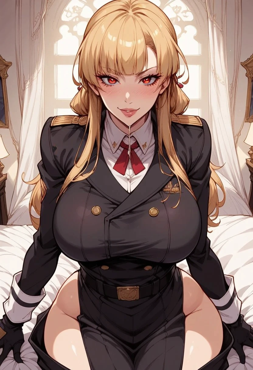 score_8_up, source_anime, (beautiful face, beautiful eyes, detailed eyes, detailed face:1.2),
1girl, solo, girl solo, slobber, hourglass shaped body, curvy figure,
front view, (black military uniform, black jodhpur pants, belt, boots, gloves:1.1),
dynamic standing seductive pose, seductive pose, half body,lewd face, slutty a lot, extream drooling,lewd face, slutty a lot, horny eyes, smug, high waisted thongs, high waisted thongs,
huge ass, huge tits, large ass,
beautiful anime face, detailed anime face,
(wide hips:1.3),
Lena Bruklin, blonde hair, long hair, braid, red eyes, large breasts, hair bobby pins, makeup, horny, lewd, slutty,