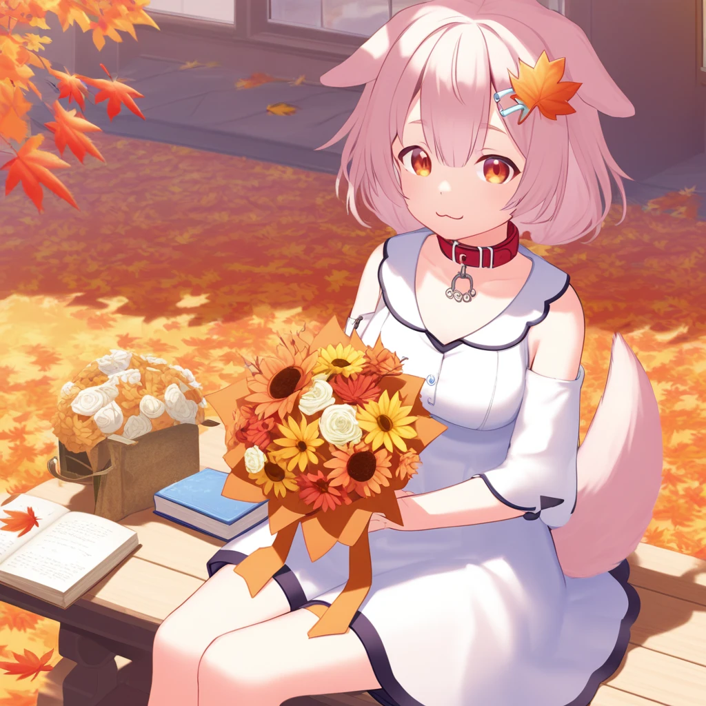 hair ornament, bouquet, skirt, white dress, dog tail, sitting, shorts, autumn leaves, book, virtual youtuber, collar