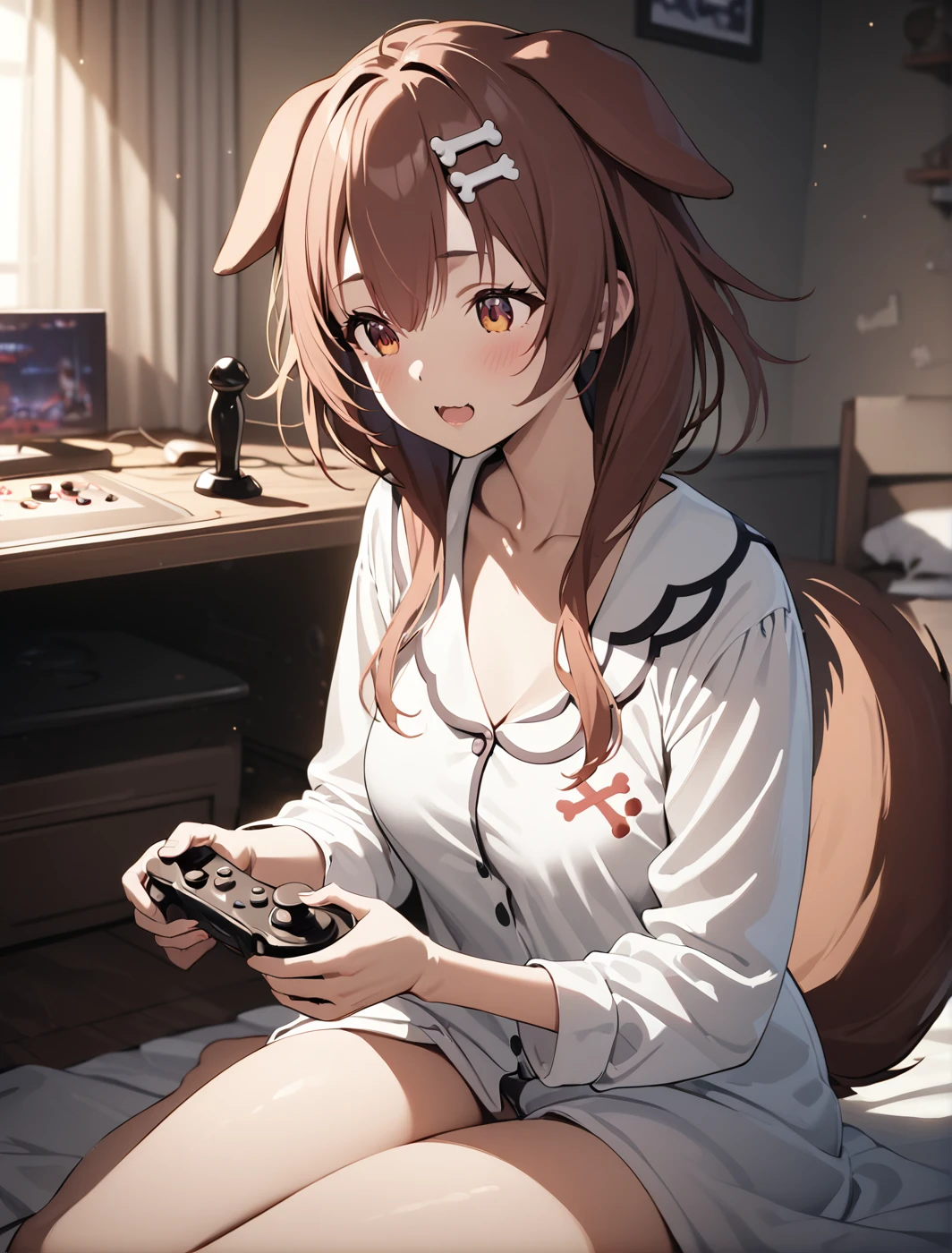 <lora:Yukino_Yukinoshita_SDXL_r2-0000010:1> yukino_yukinoshita, 1girl, animal ears, virtual youtuber, dog ears, dog tail, hair ornament, bone hair ornament , bedroom background , sitting, joystick , hold joystick , play game ,white pajama, blue, cute , masterpiece, best quality, 1girl, solo, cinematic, soft lighting, shine skin , light skin , 8k