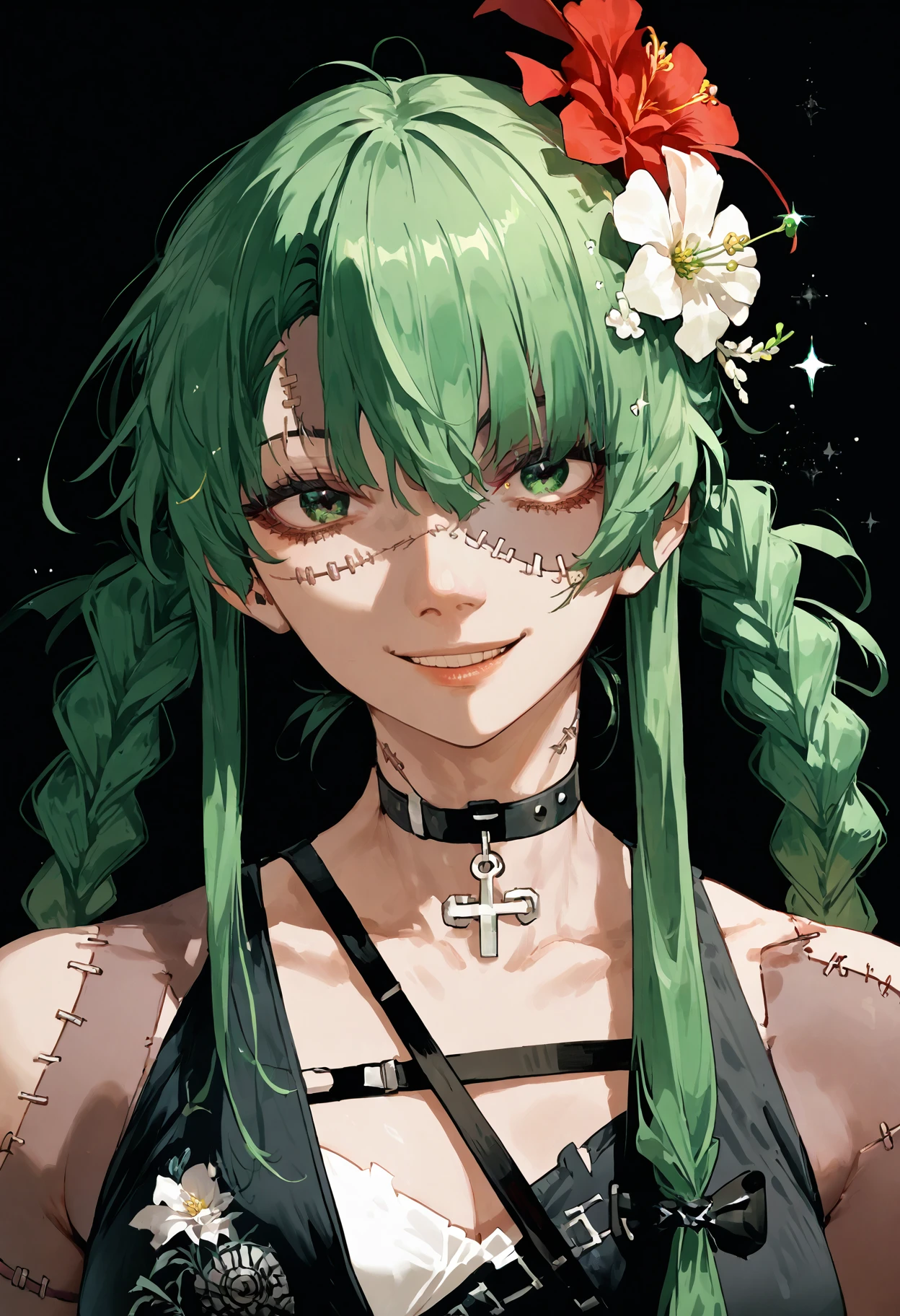 score_9, score_8_up, score_7_up, score_6_up, score_5_up, score_4_up,
 <lora:BodyStitchesV3:1> st1tch3s, stitches, patchwork skin, 
, 1girl, solo, long hair, smile, hair ornament, ribbon, green eyes, braid, hair ribbon, flower, green hair, dark skin, hair flower, twin braids, sparkle, white flower, red nails