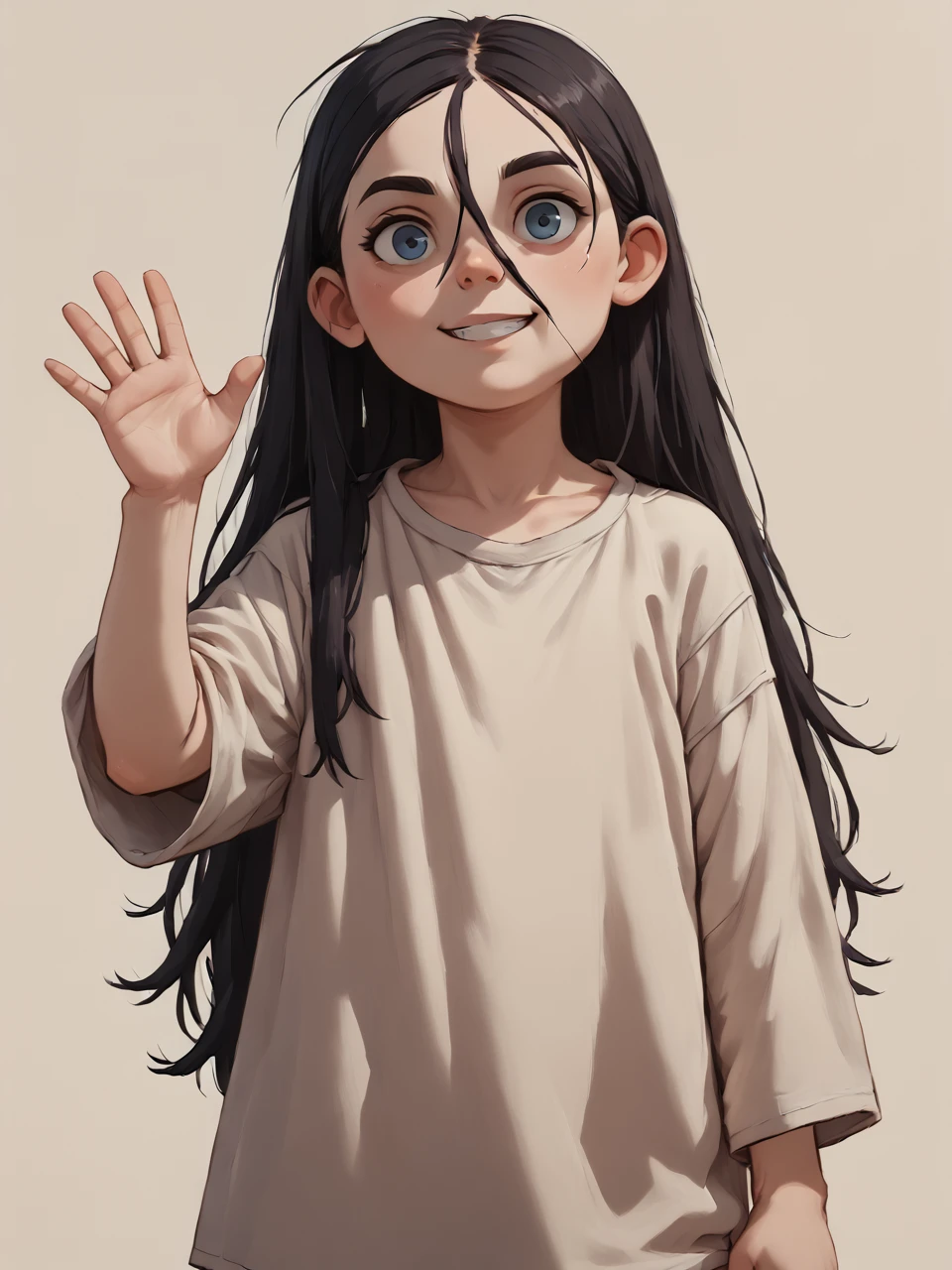 score_9, score_8_up, score_7_up,  score_6_up, BREAK, WolTruffles, 1girl, solo, black hair, long hair, hair between eyes, blue eyes, child, shirt, oversized clothes, upper body, raise left hand, waving, smile, looking at viewer, <lora:Truffles:1>