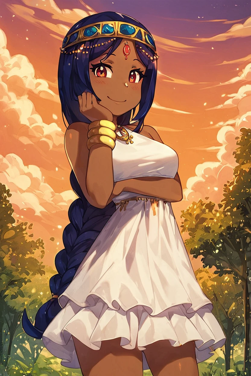 score_9, score_8_up, score_8, medium breasts, (curvy), cute, eyelashes,       BREAK, ,  <lora:Serket_Takatsu_v2:0.7>, zzSerket, dark skin, large breasts, dress, bare shoulders, jewelry, very long hair, bracelet, single braid, circlet,, BREAK, smile, looking at viewer, cowboy shot, outdoors, sky, day, cloud, tree, blue sky, sunny,  Expressiveh, <lora:Alola_Style_PDXL:0.8>,  <lora:Expressive_H-000001:0.4>,