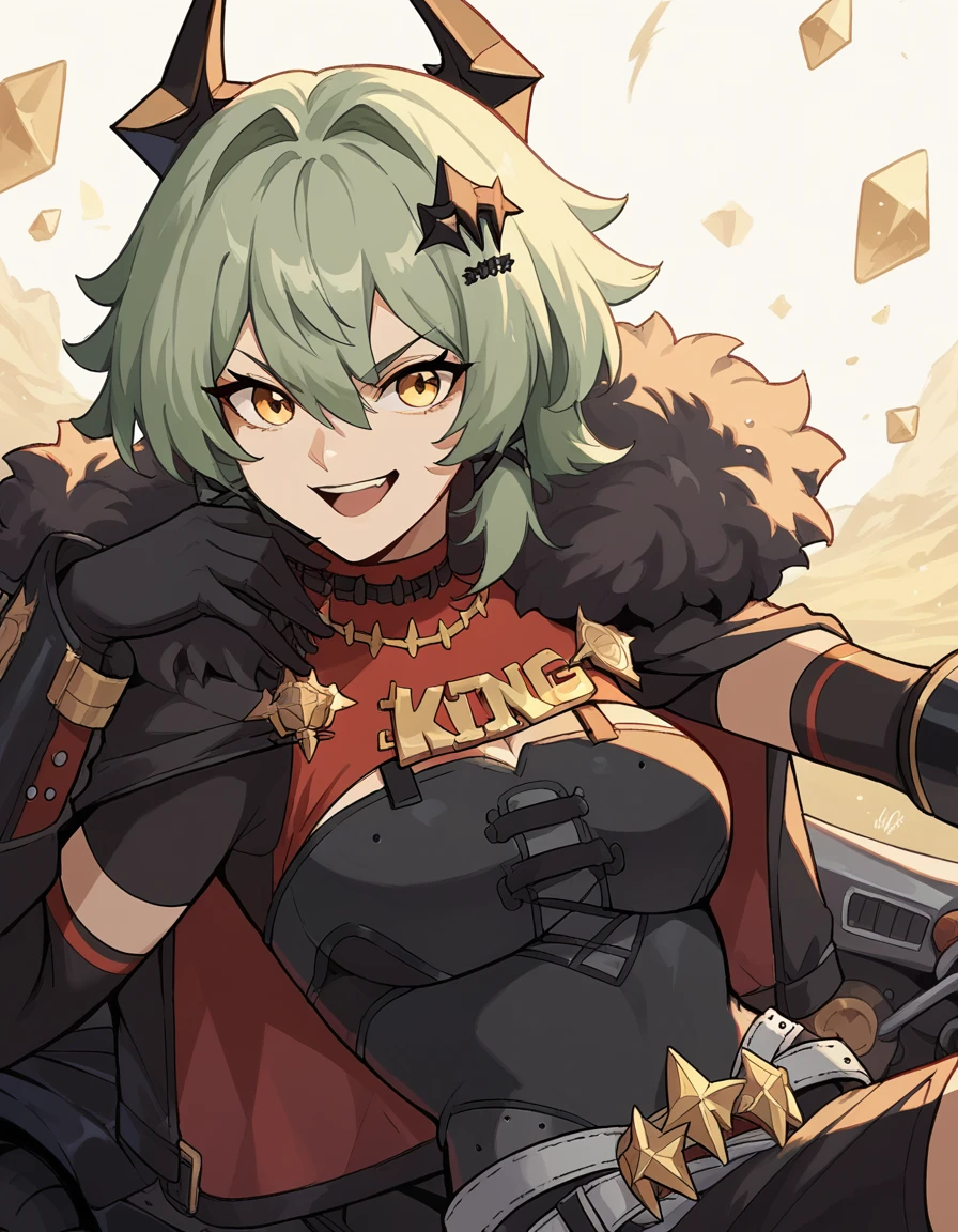 score_9, score_8_up, score_7_up, source_anime, <lora:caesar-king-ponyxl-lora-nochekaiser:1>, caesar king, green hair, short hair, hair between eyes, sidelocks , yellow eyes, confident, hair intakes, v-shaped eyebrows, happy, black gloves, black shorts, black shirt, black thighhighs, gloves, black skirt, grey belt, fur-trimmed jacket, elbow gloves, fur trim, hair ornament, open jacket, emblem, black horns, , old garage, scattered tools, motorcycle parts lying around, cowboy shot, dutch angle, hand on shoulder, elbow out