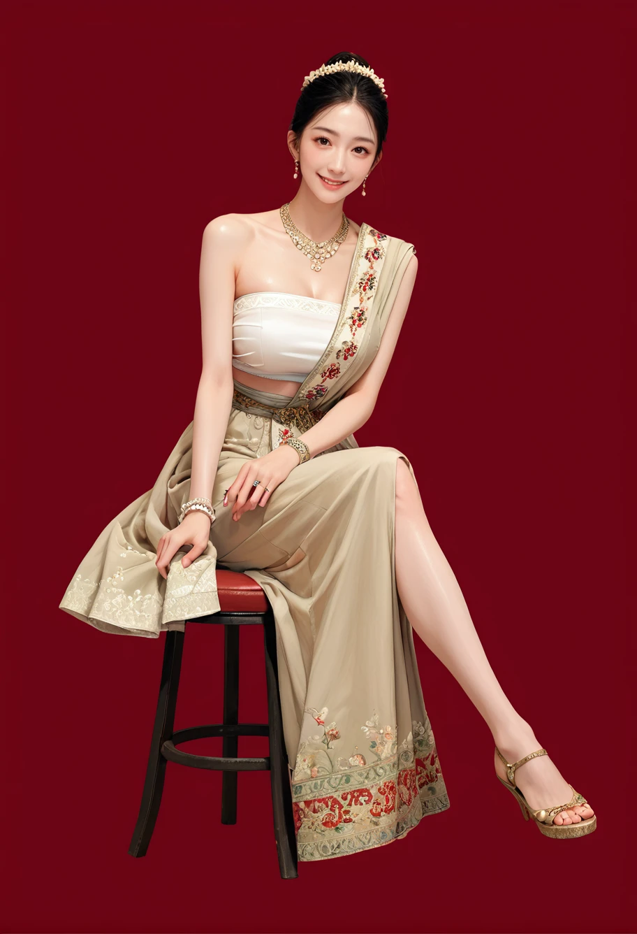 1girl,red background,,ruanyi1012,sari,dress,tube top,necklace,jewelry,bracelet,
full body,sitting,stool,<lora:1012 traditional clothing 1_v1_pony:1>, score_9, score_8_up, score_7_up, score_6_up, score_9, score_8_up, score_7_up, score_6_up source_anime, blush, 1girl, seduce smile, perfect body , natural huge breasts