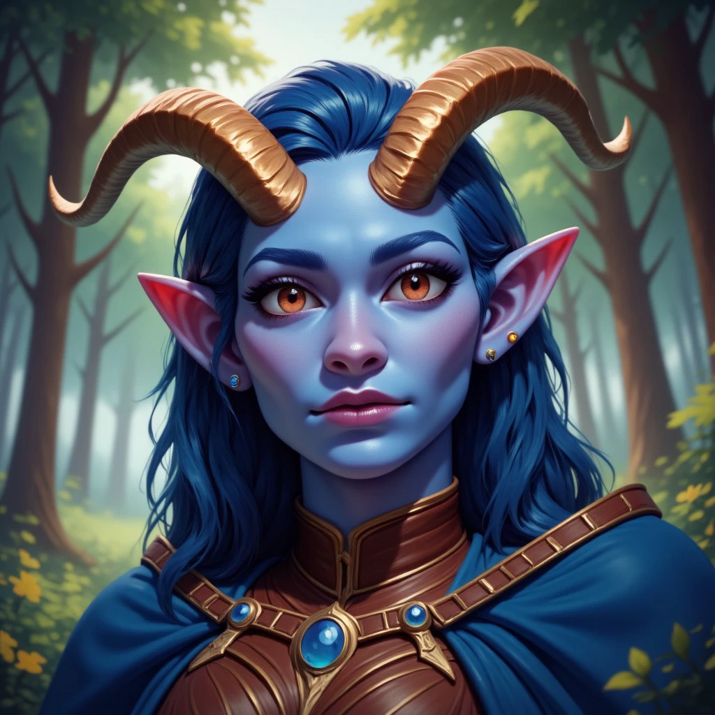 a blue skin tiefling with metallic golden  horns