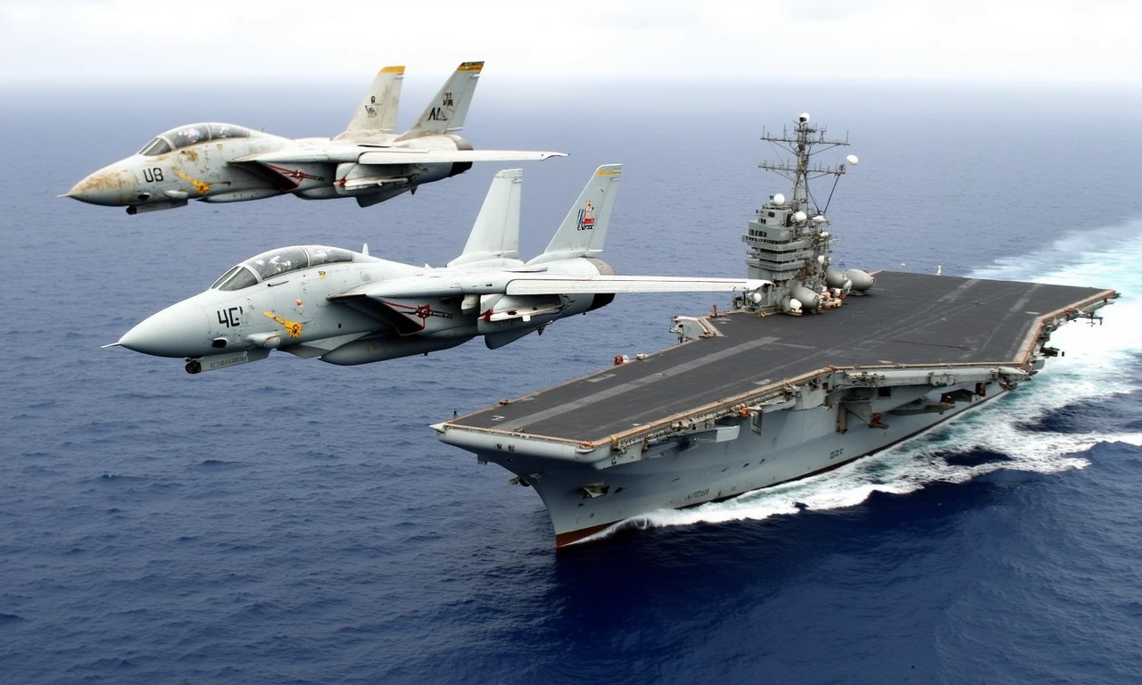 This is a high-resolution photograph capturing a dramatic aerial scene over the ocean. In the foreground, a large, gray aircraft carrier is sailing through the deep blue ocean, creating a white wake behind it. The carrier is adorned with various antennas and radar equipment on its deck, and it is bustling with activity, suggesting it is in the middle of an operation. 
In the mid-ground, two F-14 Tomcat fighter jets, also painted in a light gray, are flying in formation above the carrier. The jets are sleek and modern, with angular designs and visible weaponry, including missiles and fuel tanks. The aircraft on the left has a slightly more worn appearance, with visible dirt and scratches, indicating it might be older or have seen more action.
The background features a vast expanse of the ocean, stretching out to a horizon that merges with the sky, which is overcast with a pale, diffuse light. The overall atmosphere is one of military readiness and power, with the carrier and jets symbolizing strength and preparedness. The photograph captures a moment of high intensity and precision in the midst of a naval operation.<lora:F-14 Tomcat - Flux1.D:1>