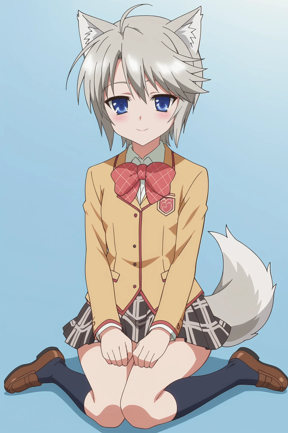 score_9, score_8_up, score_7_up, source anime, prefect lighting, very aesthetic, BREAK, anime coloring, anime screencap,
<lora:ezomori_nozomu_v1-pdv6:1>, 1girl, ezomori nozomu, kanokon, blue eyes, grey hair, short hair, wolf ears, wolf tail, 
school uniform, long sleeves, bow, plaid skirt, kneehighs,
BREAK, light smile, blush, looking at viewer, 
BREAK,