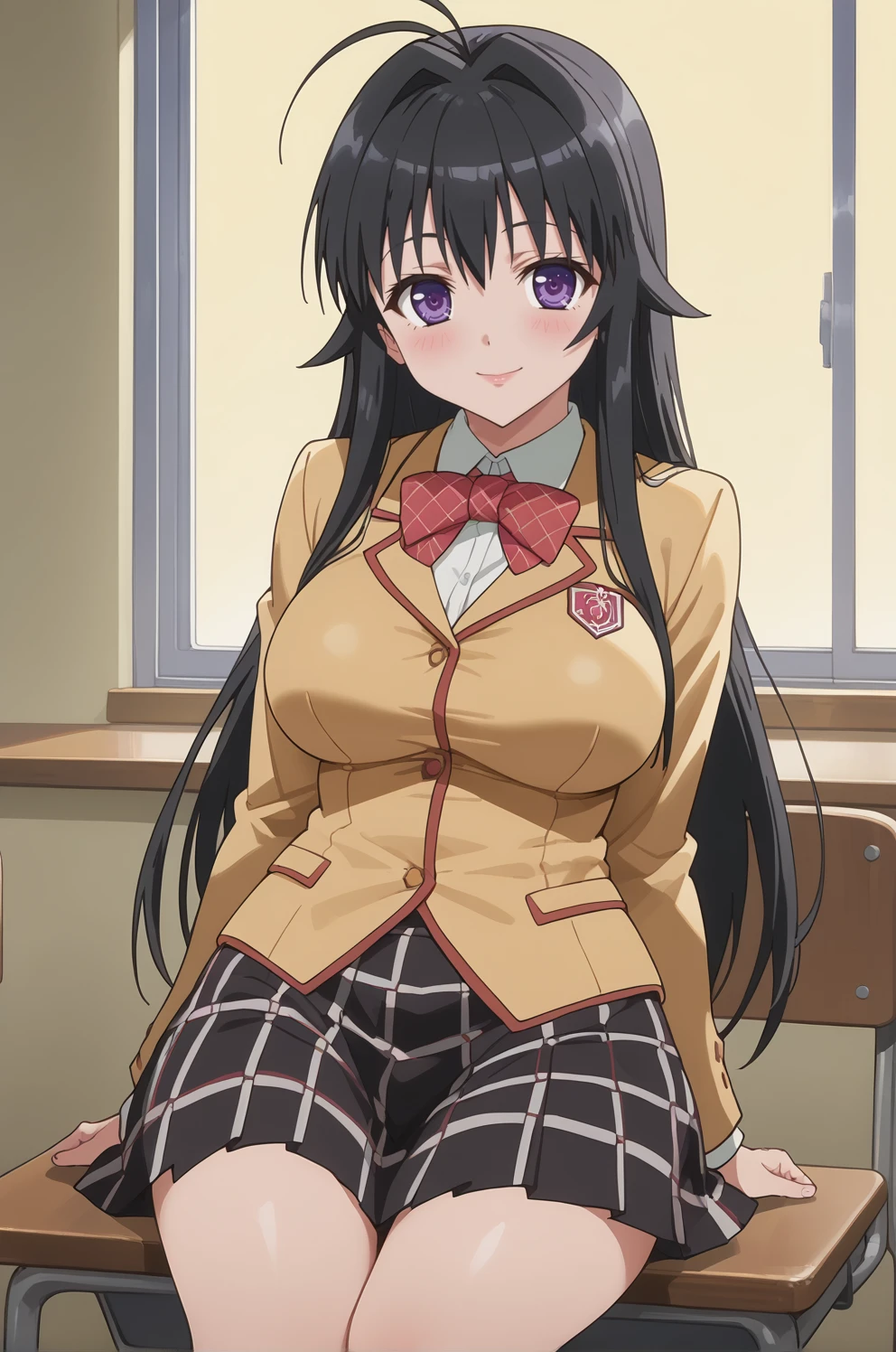 score_9, score_8_up, score_7_up, source anime, prefect lighting, very aesthetic, BREAK, anime coloring, anime screencap,
 <lora:minamoto_chizuru_v1-pdv6:1>, 1girl, minamoto chizuru, kanokon, purple eyes, black hair, long hair, large breasts,
school uniform, long sleeves, plaid skirt, bow, kneehighs,
BREAK, light smile, blush, looking at viewer,
BREAK,