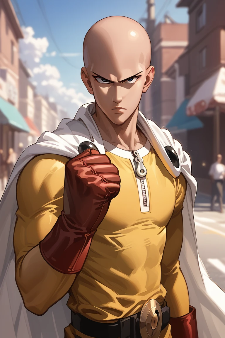 score_9, score_8_up, score_7_up, source_anime, rating_safe, natural lighting, male focus, saitama (one-punch man), Saitama_bald, black eyes, cape, yellow bodysuit, clenched hand, red gloves, zipper, belt, serious, 1boy, intricately detailed illustration, blurry outdoors