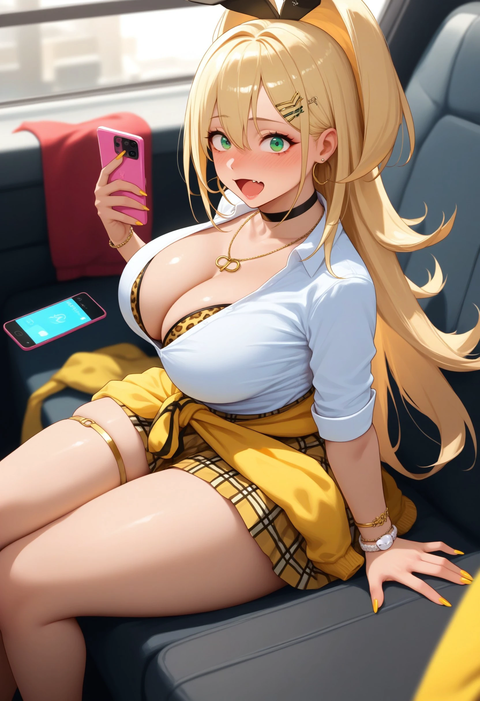 score_9, score_8, score_7, score_6_up, source_anime,
BREAK rupeedef, hair ornament, gyaru, blonde hair, green eyes, hairclip, necklace, jewelry, leopard print, bra, white shirt, plaid skirt, thigh strap, clothes around waist, thick thighs, open mouth, skin fang, fang, nose blush, choker, nail polish, yellow nails, huge breasts, sitting, holding, cellphone, holding phone, sunglasses, from above, from side, looking at viewer, surprised, embarrassed, , 
<lora:rupeenikke-ravenfoot-v4final:0.8>